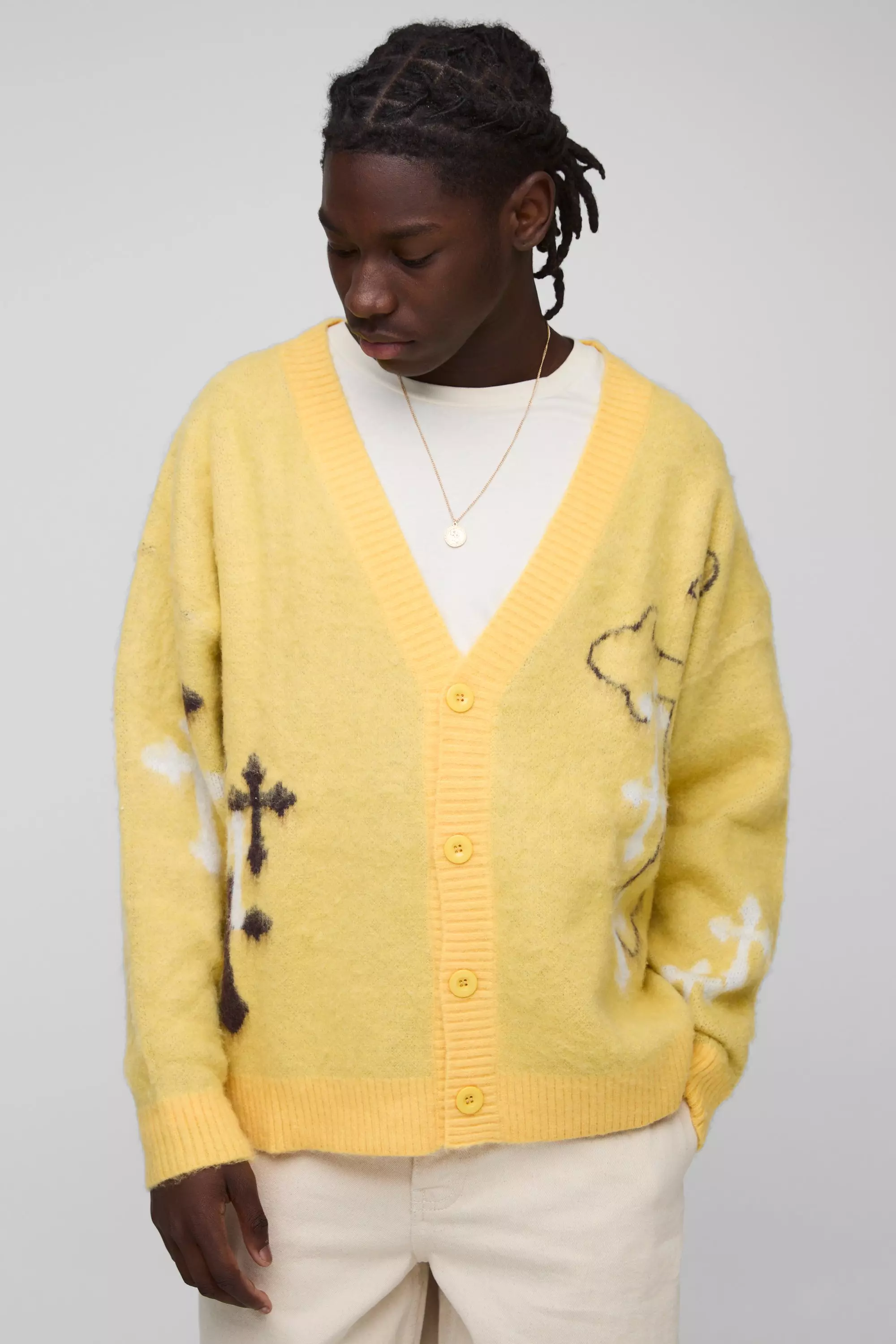 Yellow Oversized Geborstelde Gebreide Boxy Cardigan alternatieve afbeelding
