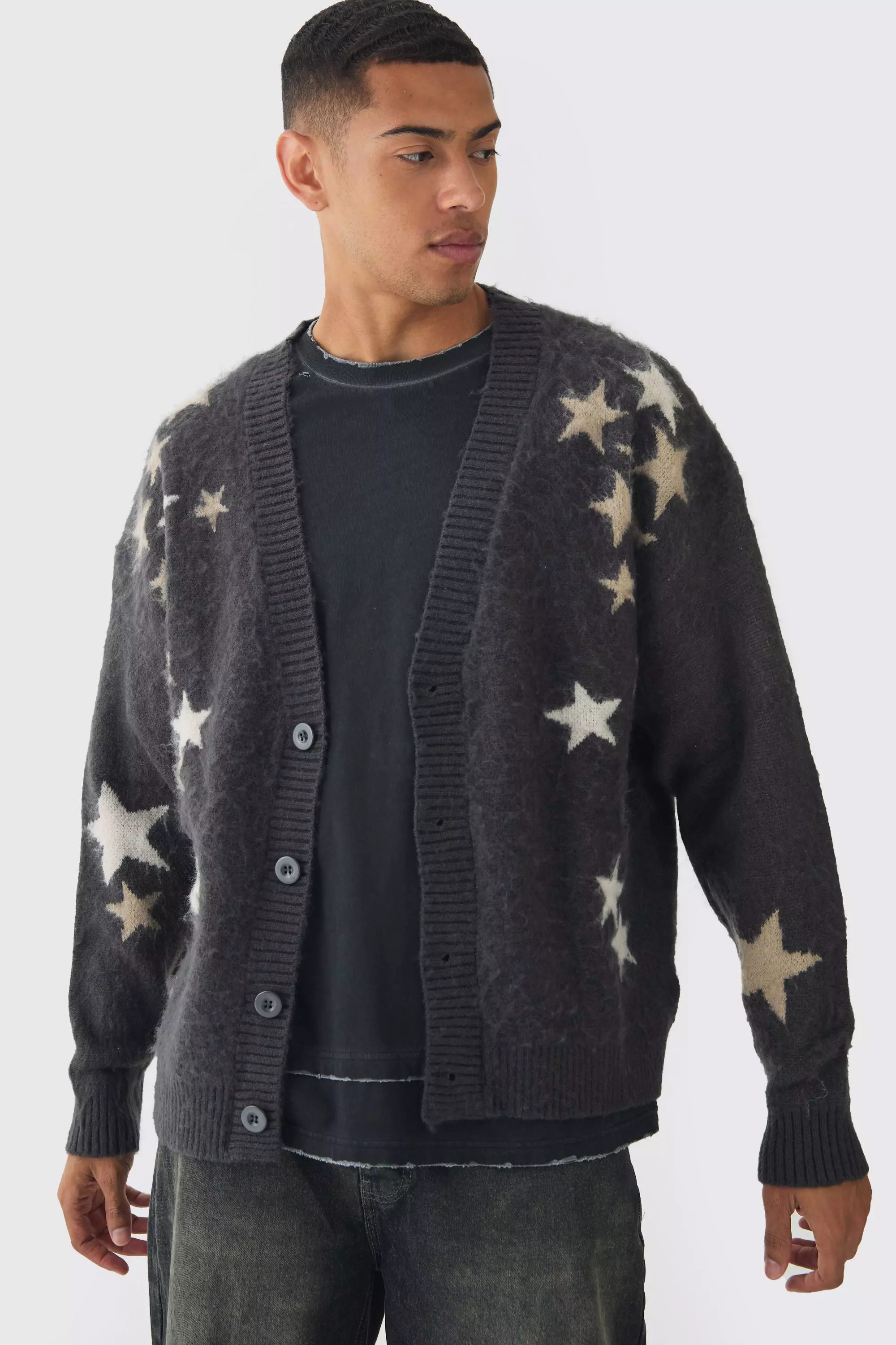 Oversized Boxy Star Brushed Knitted Cardigan Charcoal