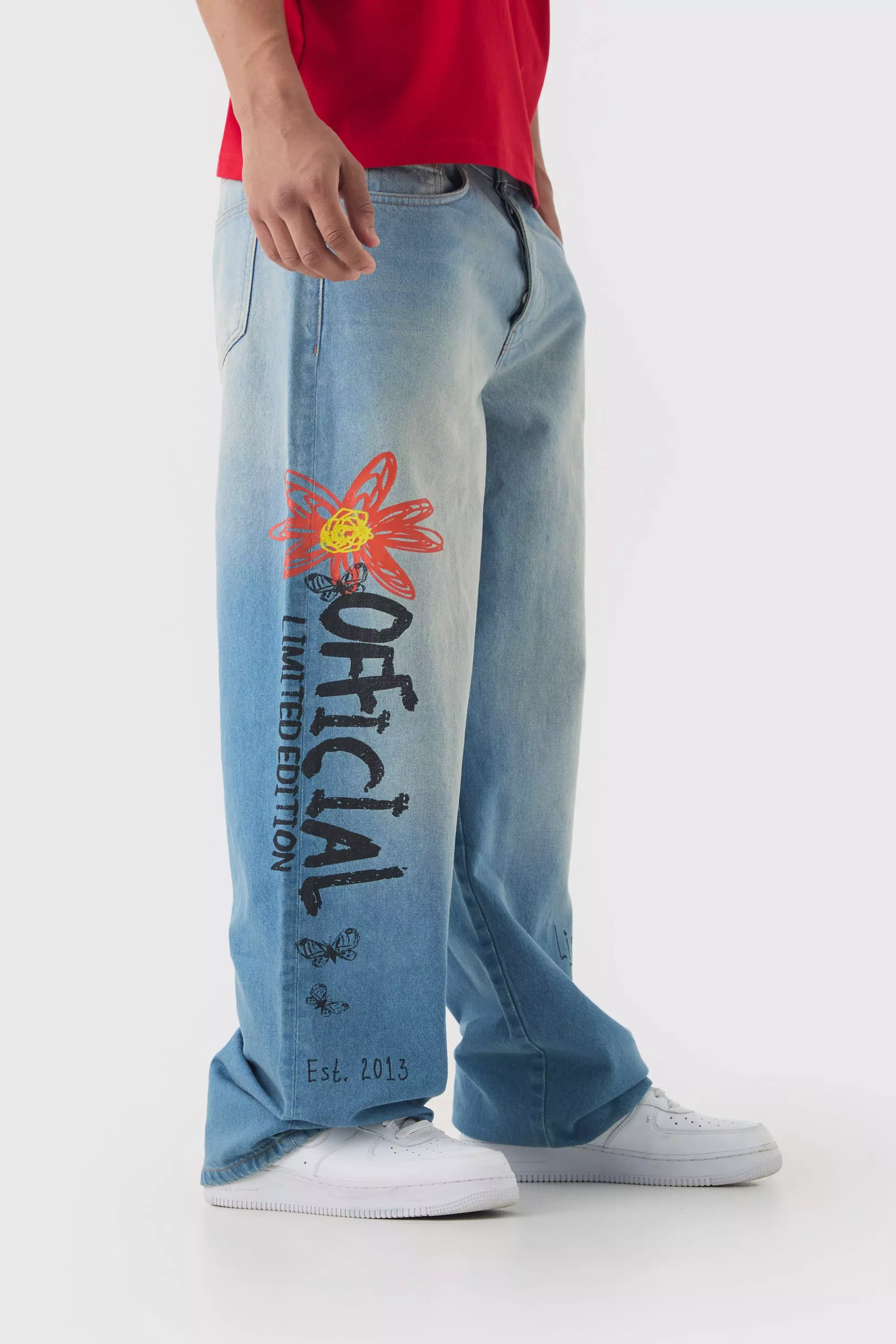 Baggy Rigid Doodle Graphic Denim Jeans In Light Blue alternative image