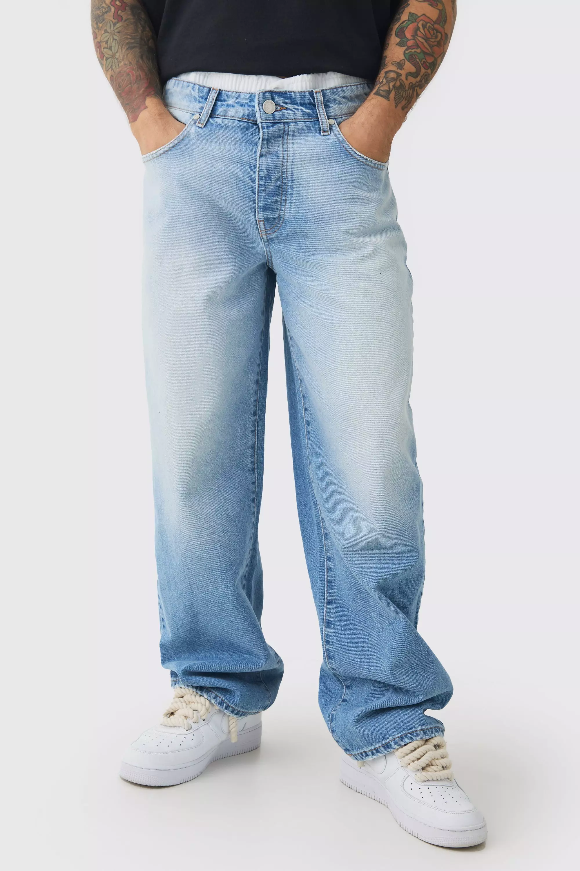 Blue Baggy Rigid Double Waistband Denim Jeans In Light Blue