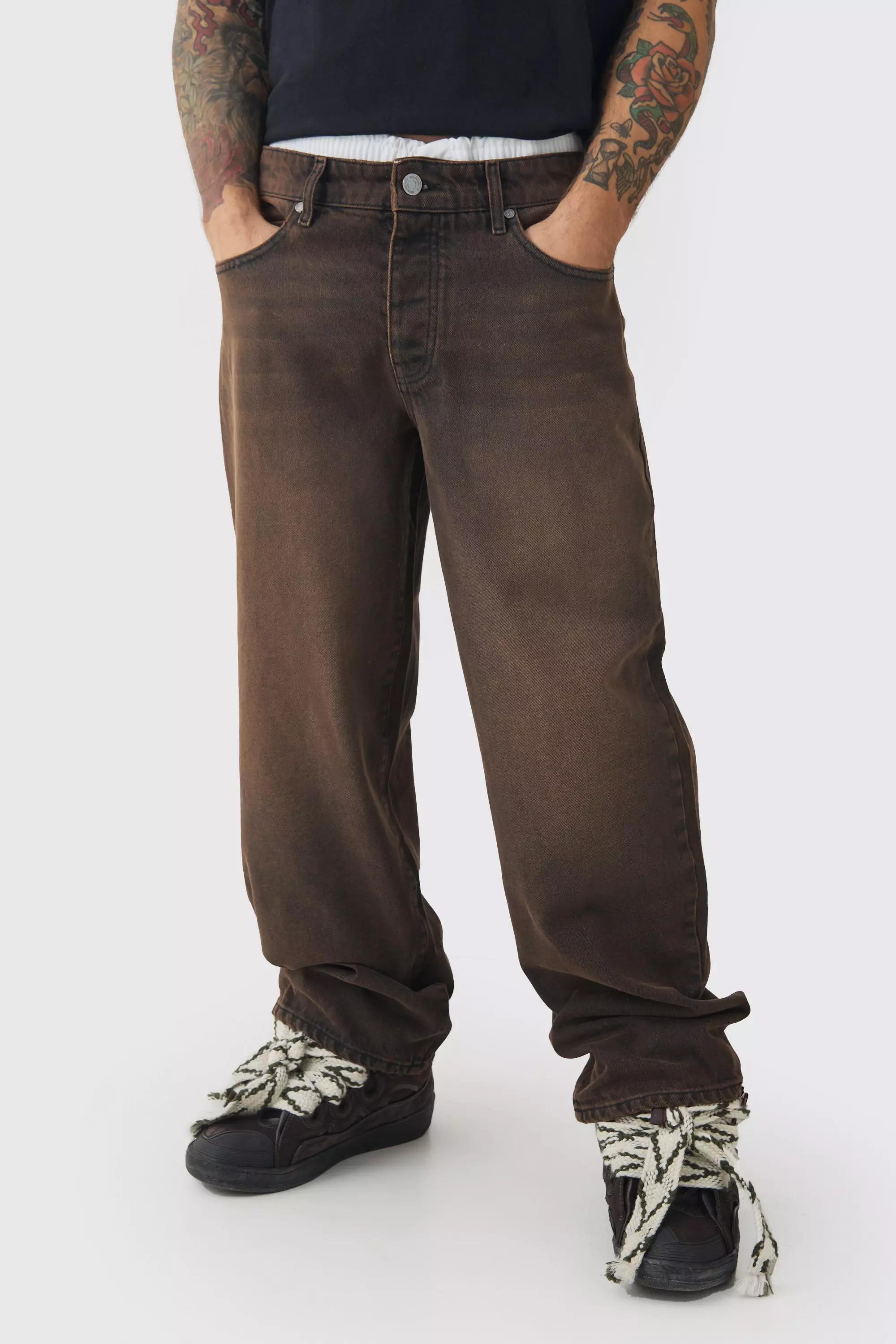 Baggy Rigid Double Waistband Denim Jeans In Brown | boohooMAN USA