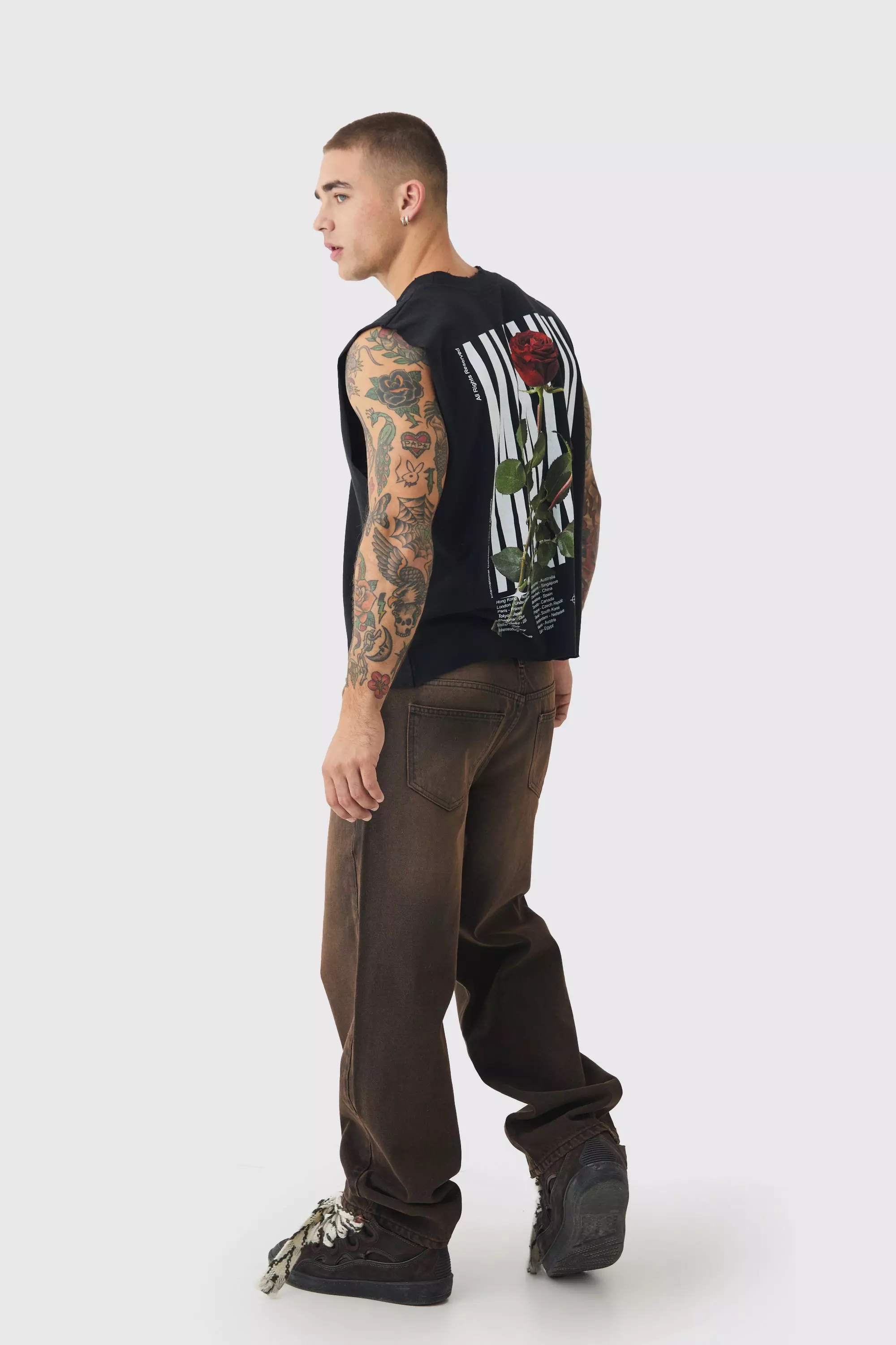 Baggy Rigid Double Waistband Denim Jeans In Brown | boohooMAN USA