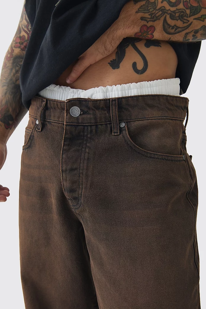 Baggy Rigid Double Waistband Denim Jeans In Brown Baggy Rigid Double Waistband Denim Jeans In Brown