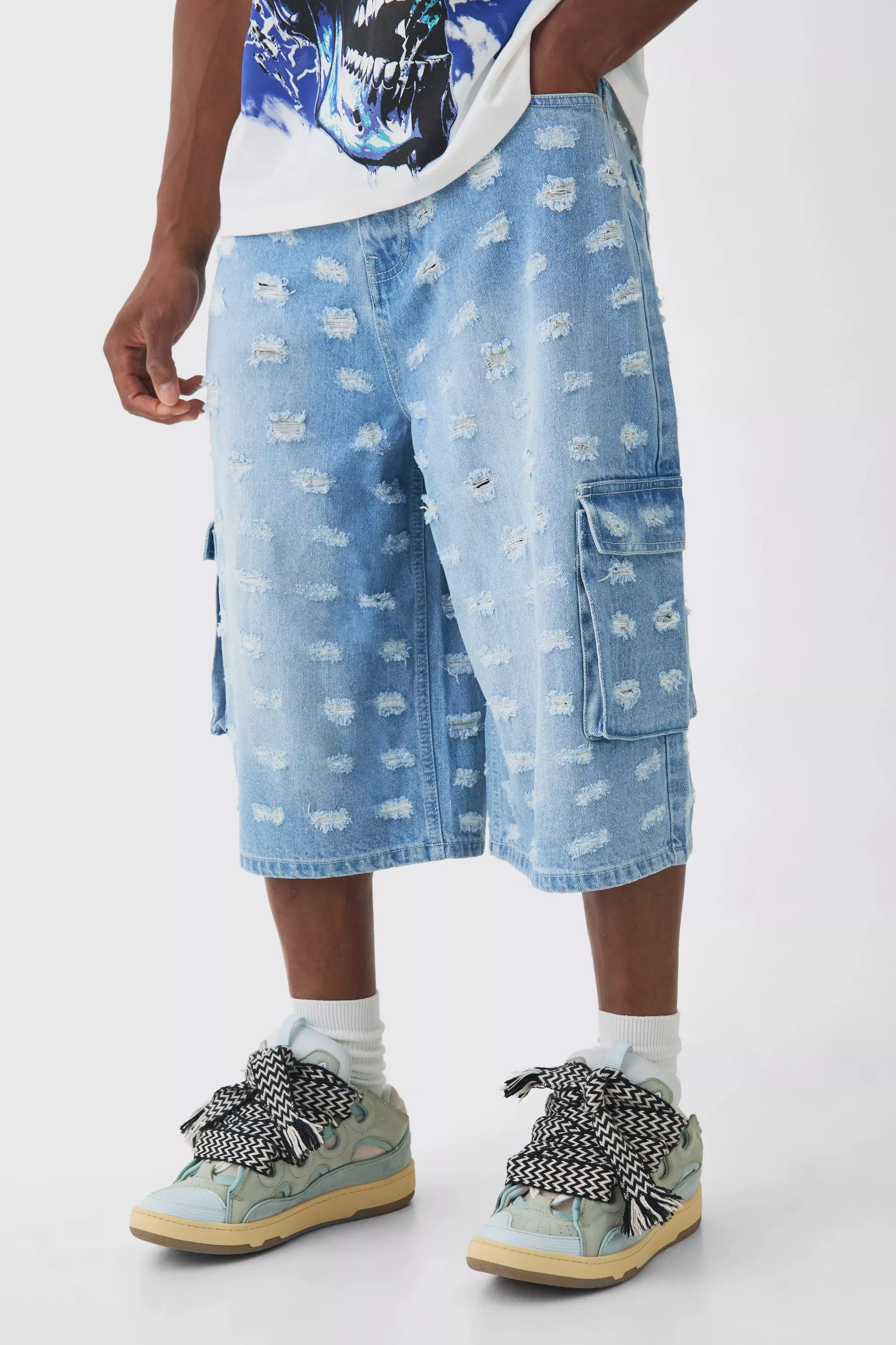 Blue Longline All Over Distressed Cargo Denim Jorts In Light Blue