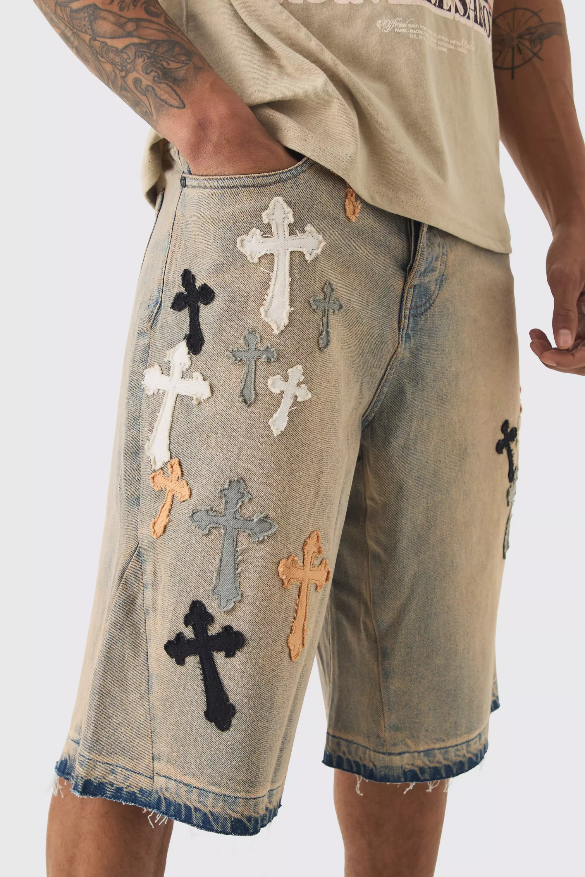 Regular Cross Applique Gusset Denim Jorts In Stone