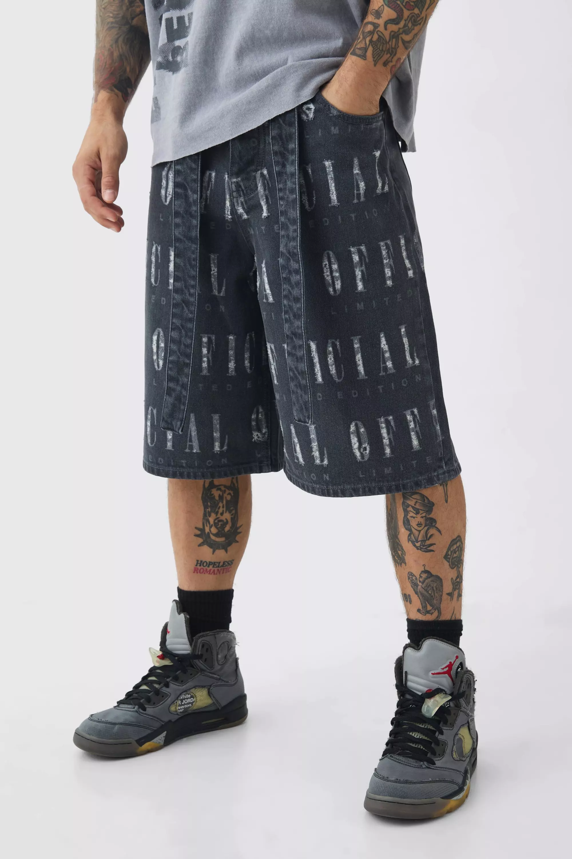 Grey Regular Rigid Official Distressed Denim Jorts In Mid Grey