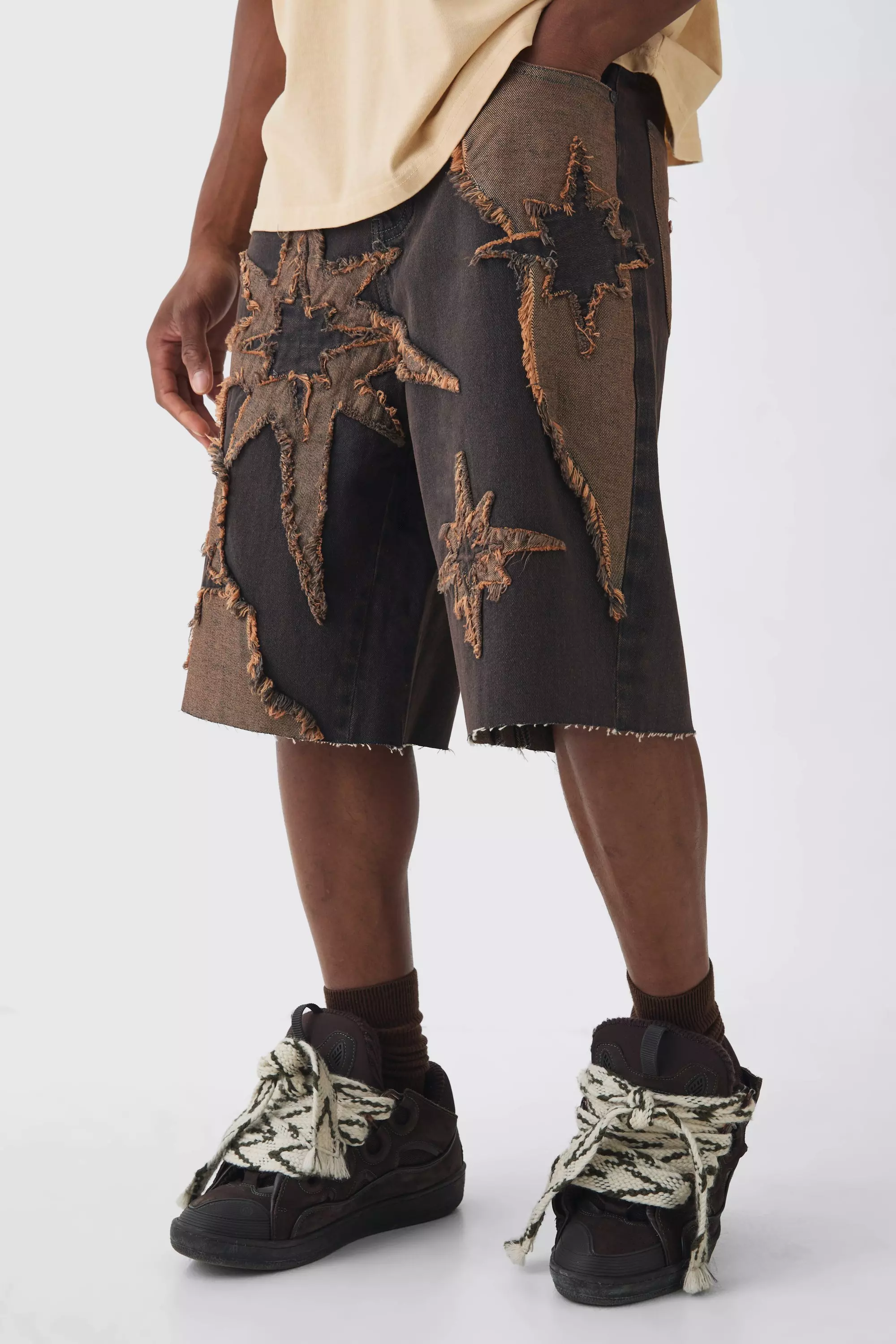 Regular Rigid Star Applique Denim Jorts In Brown alternative image