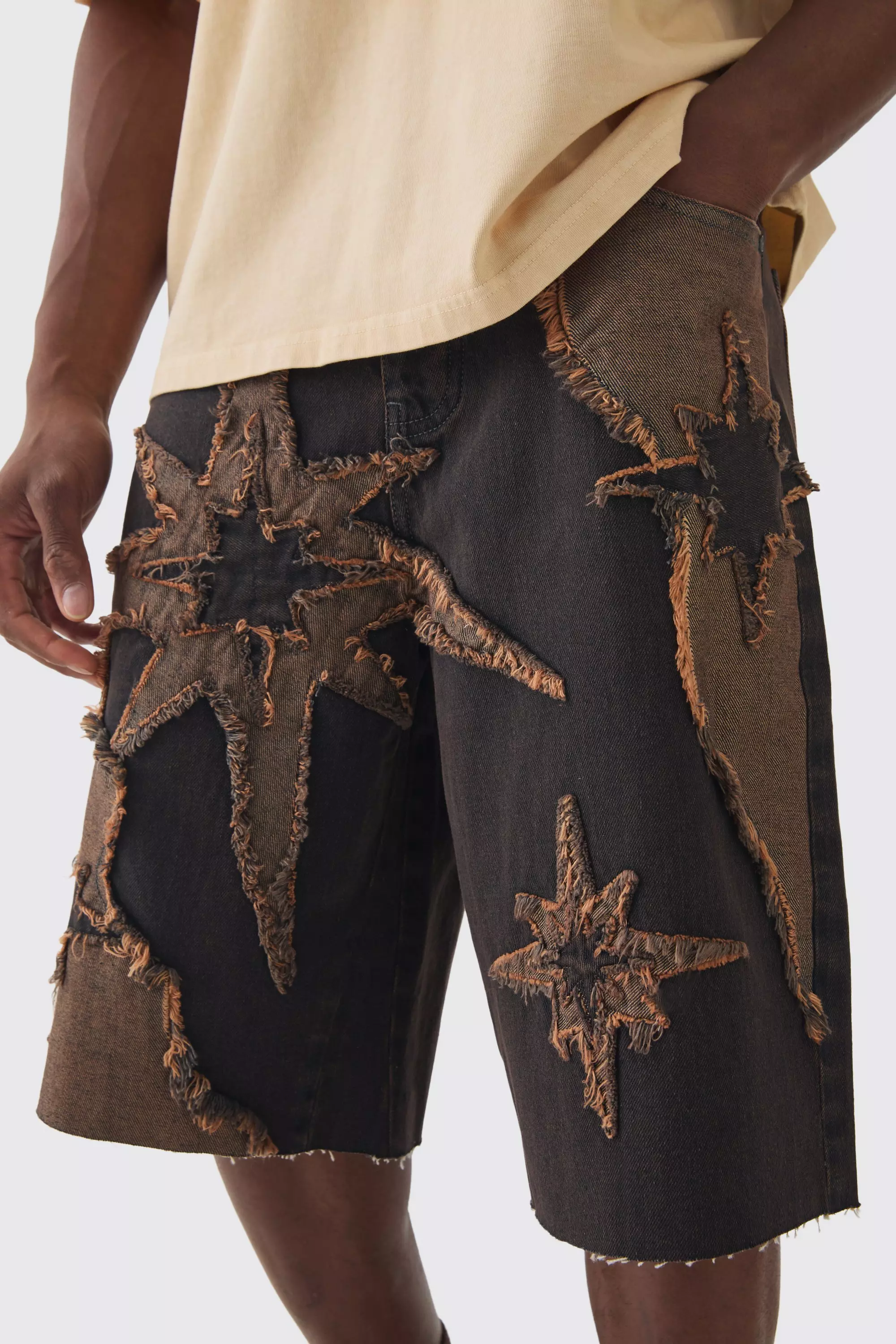 Regular Rigid Star Applique Denim Jorts In Brown alternative image