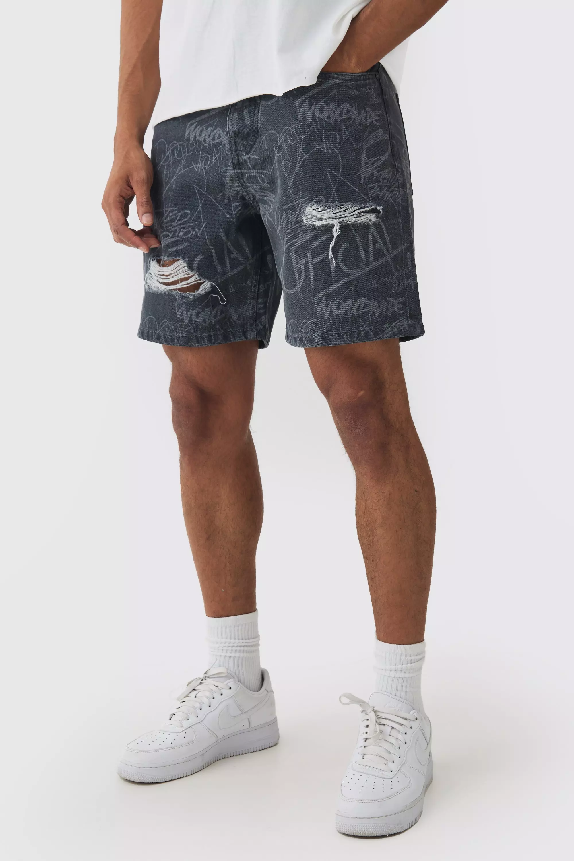 Relaxed Rigid All Over Print Ripped Denim Shorts In Mid Grey Mid grey