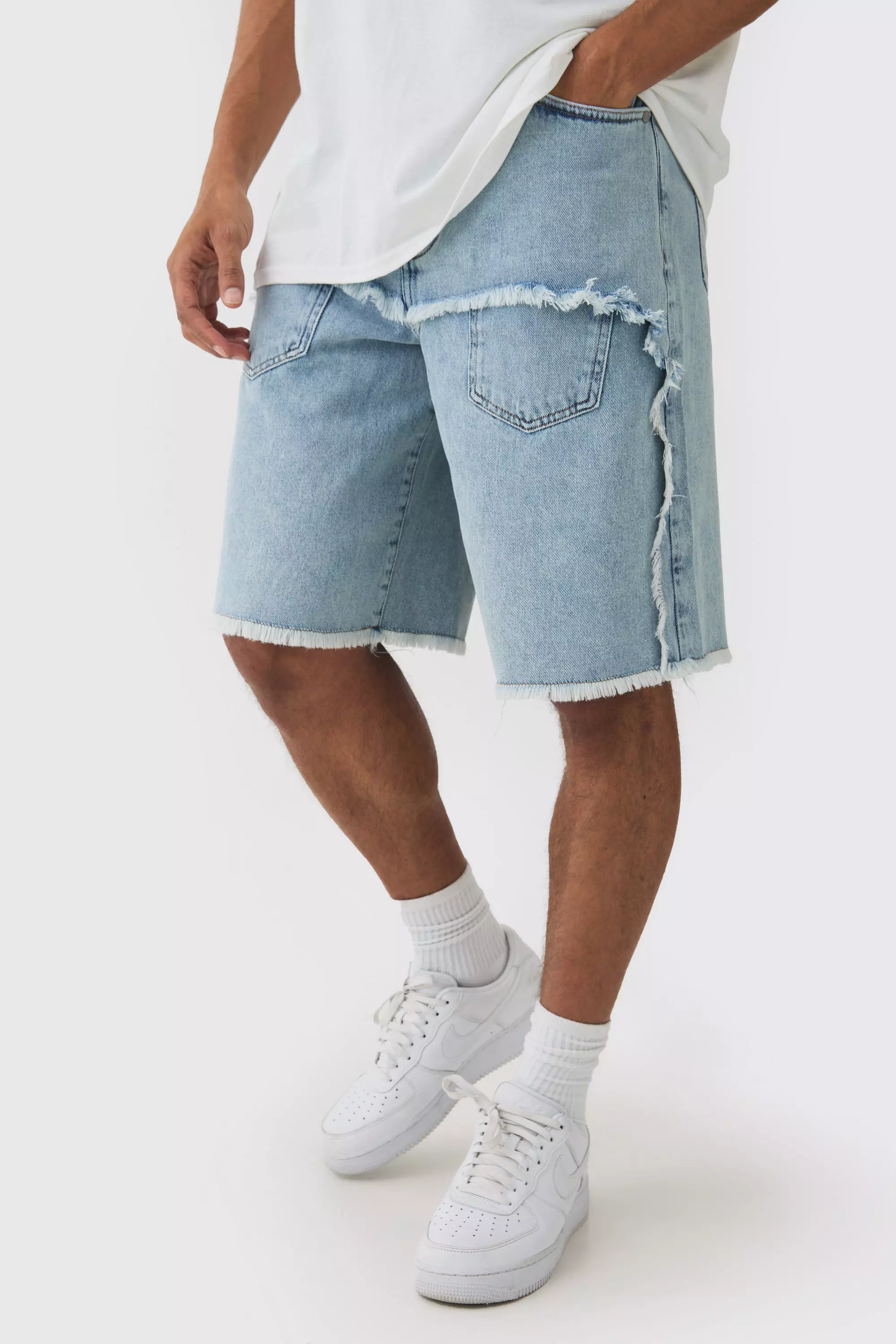 Blue Rigid Denim Faux Layer Jorts In Ice Blue