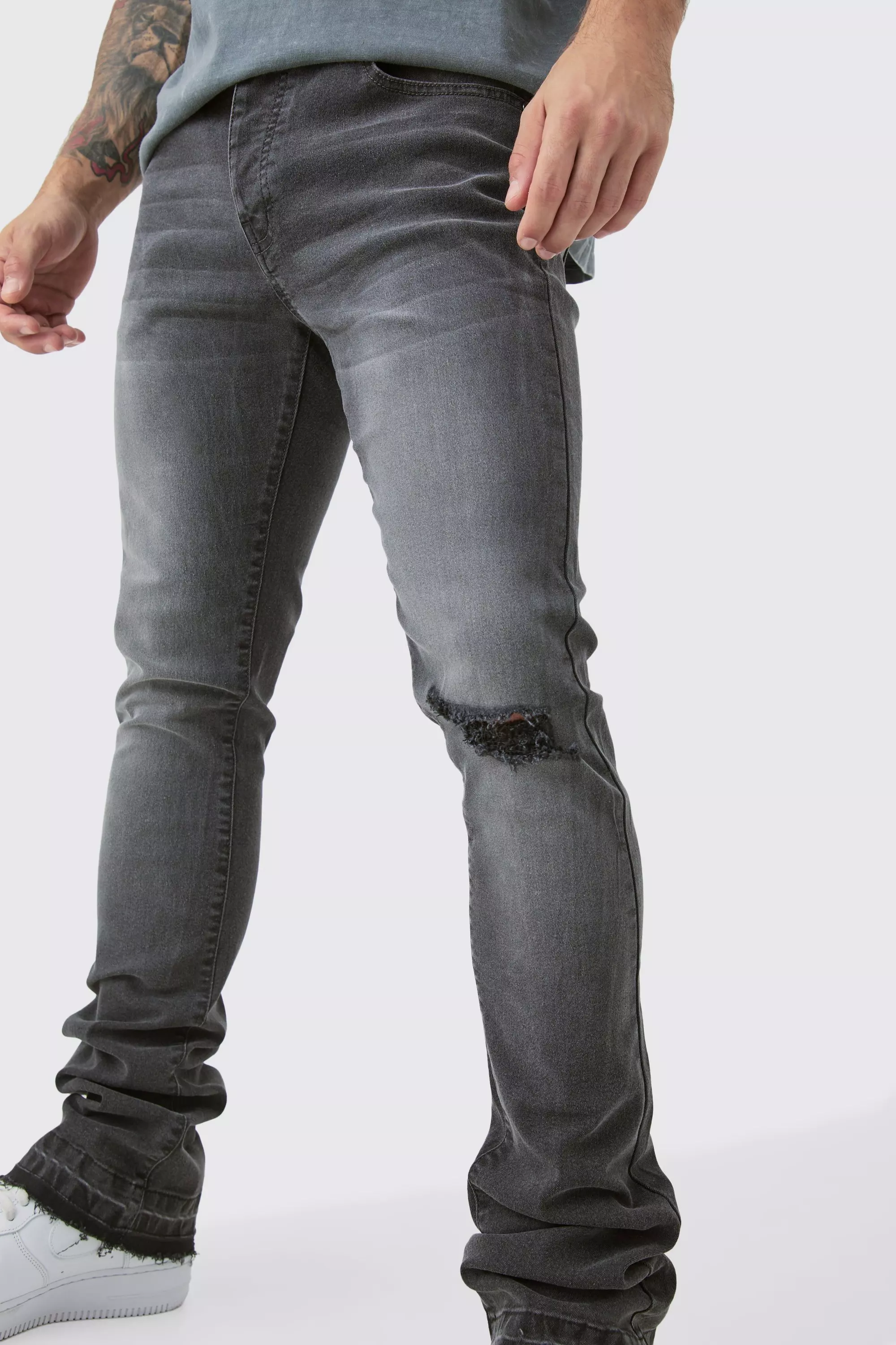 Skinny Stacked Flared Jeans With Knee Rip | boohooMAN USA