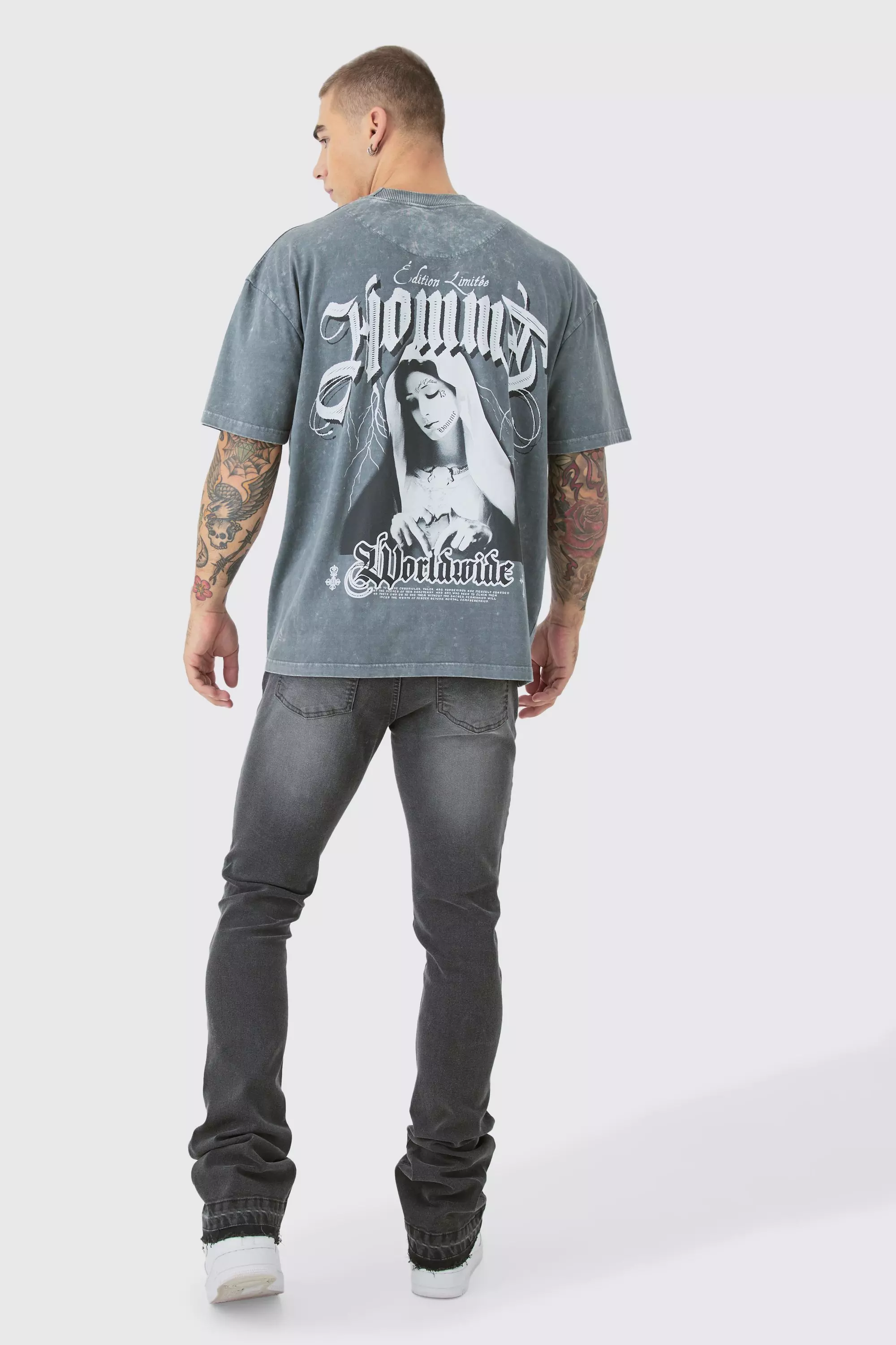 Skinny Stacked Flared Jeans With Knee Rip | boohooMAN USA