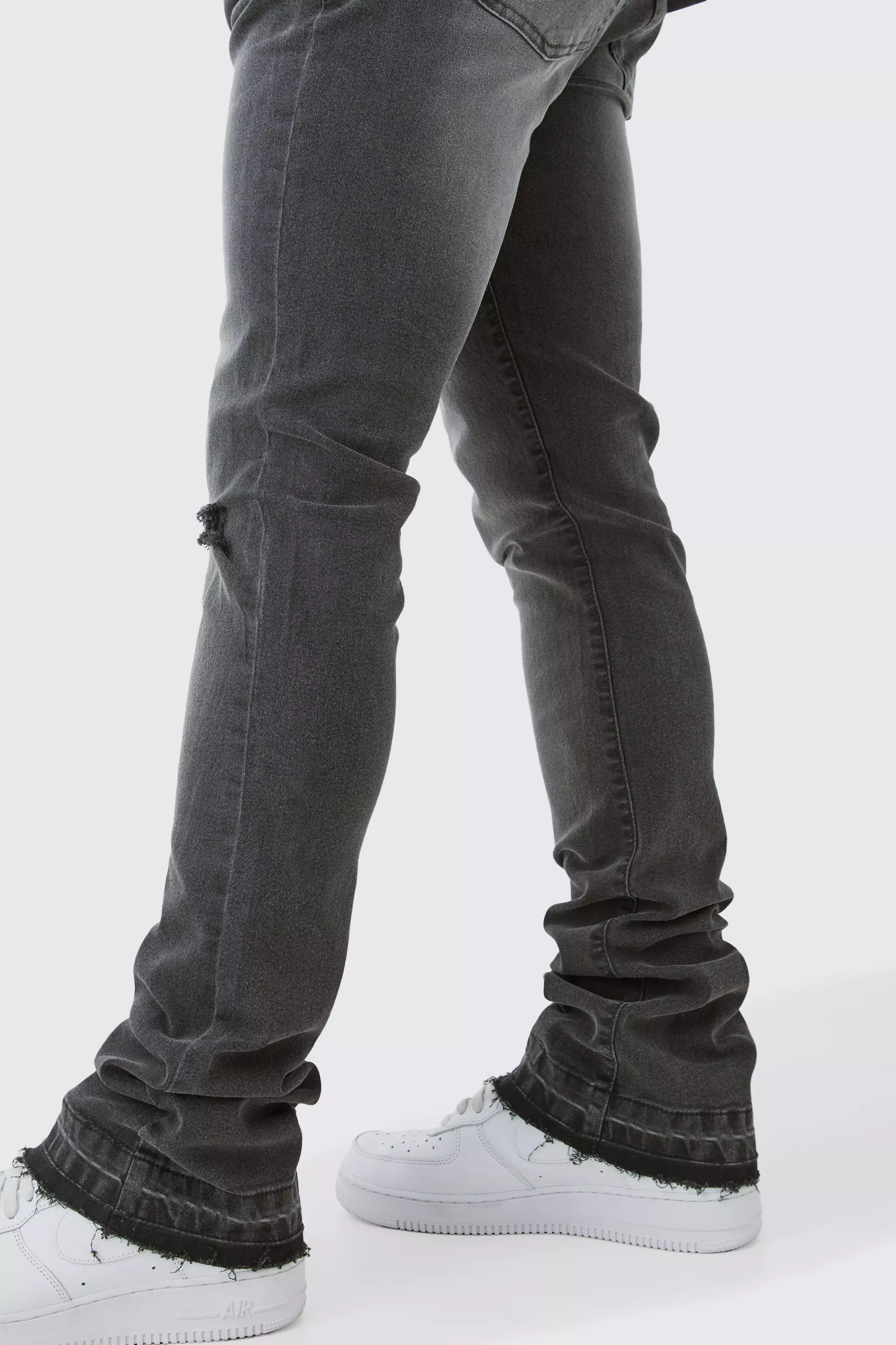 Skinny Stacked Flared Jeans With Knee Rip | boohooMAN USA