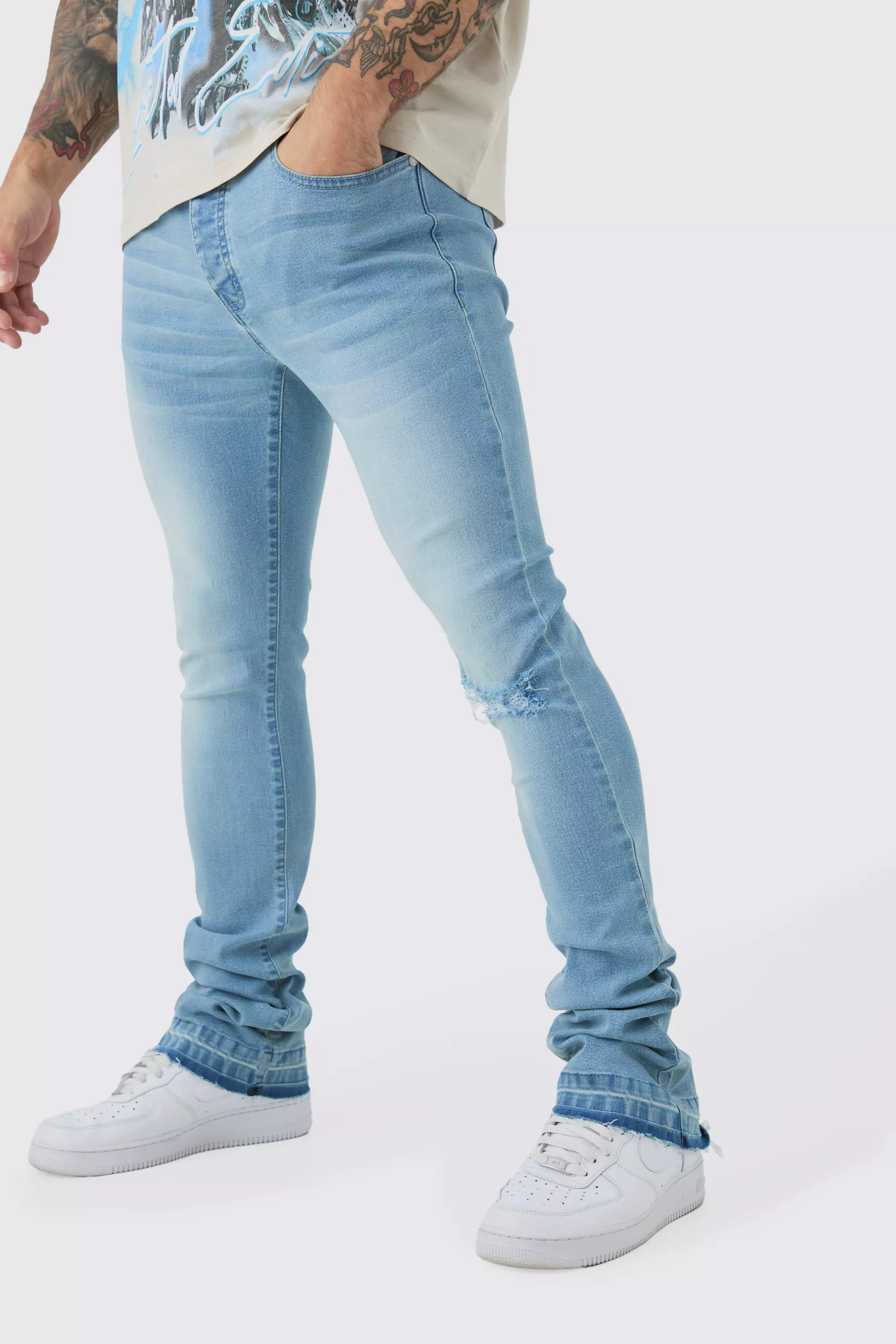 Skinny Stacked Flared Jeans With Knee Rip Light blue