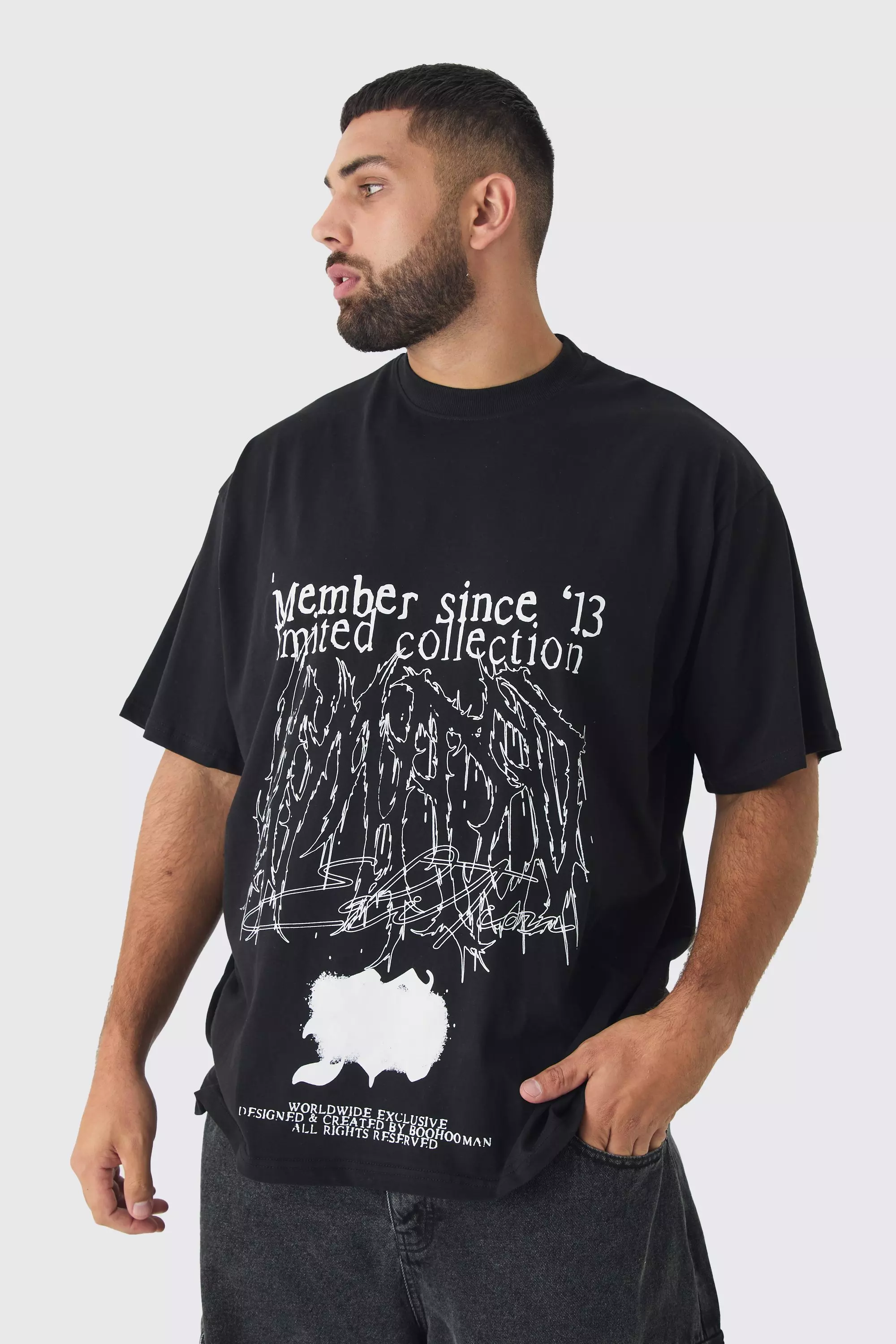 Black Plus Oversized Extended Neck Limited Print T-shirt