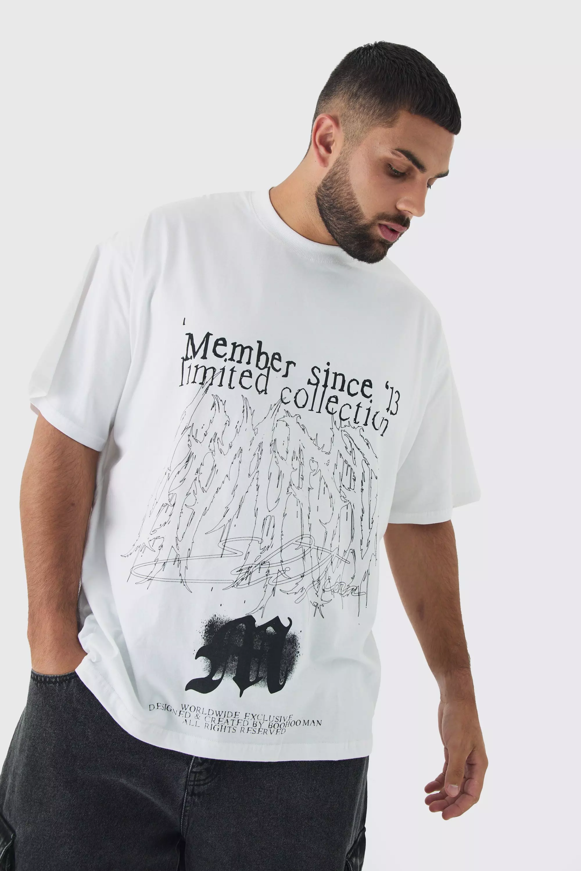 White Plus Oversized Extended Neck Limited Print T-shirt