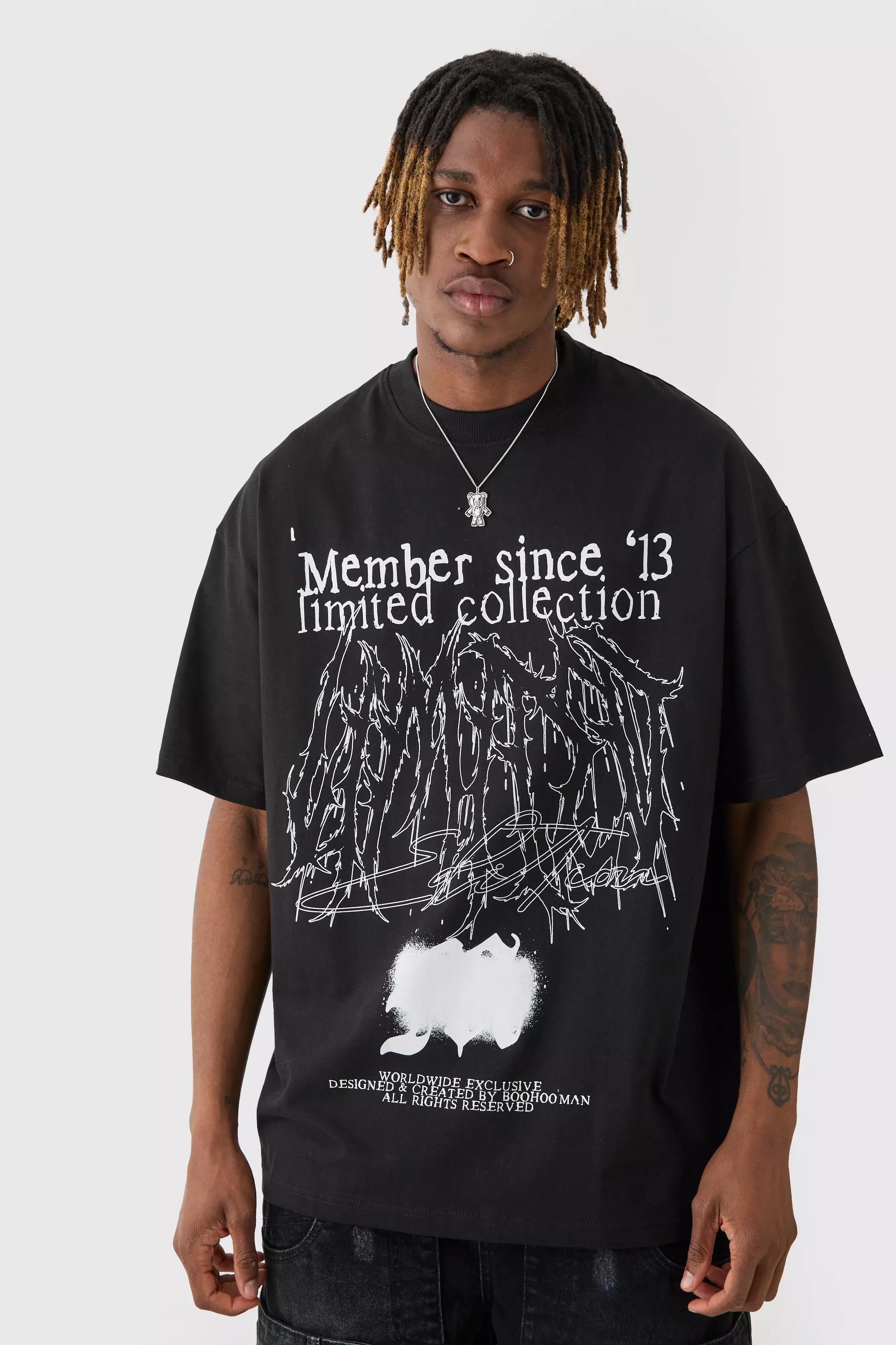 Black Tall Oversized Extended Neck Limited Print T-shirt