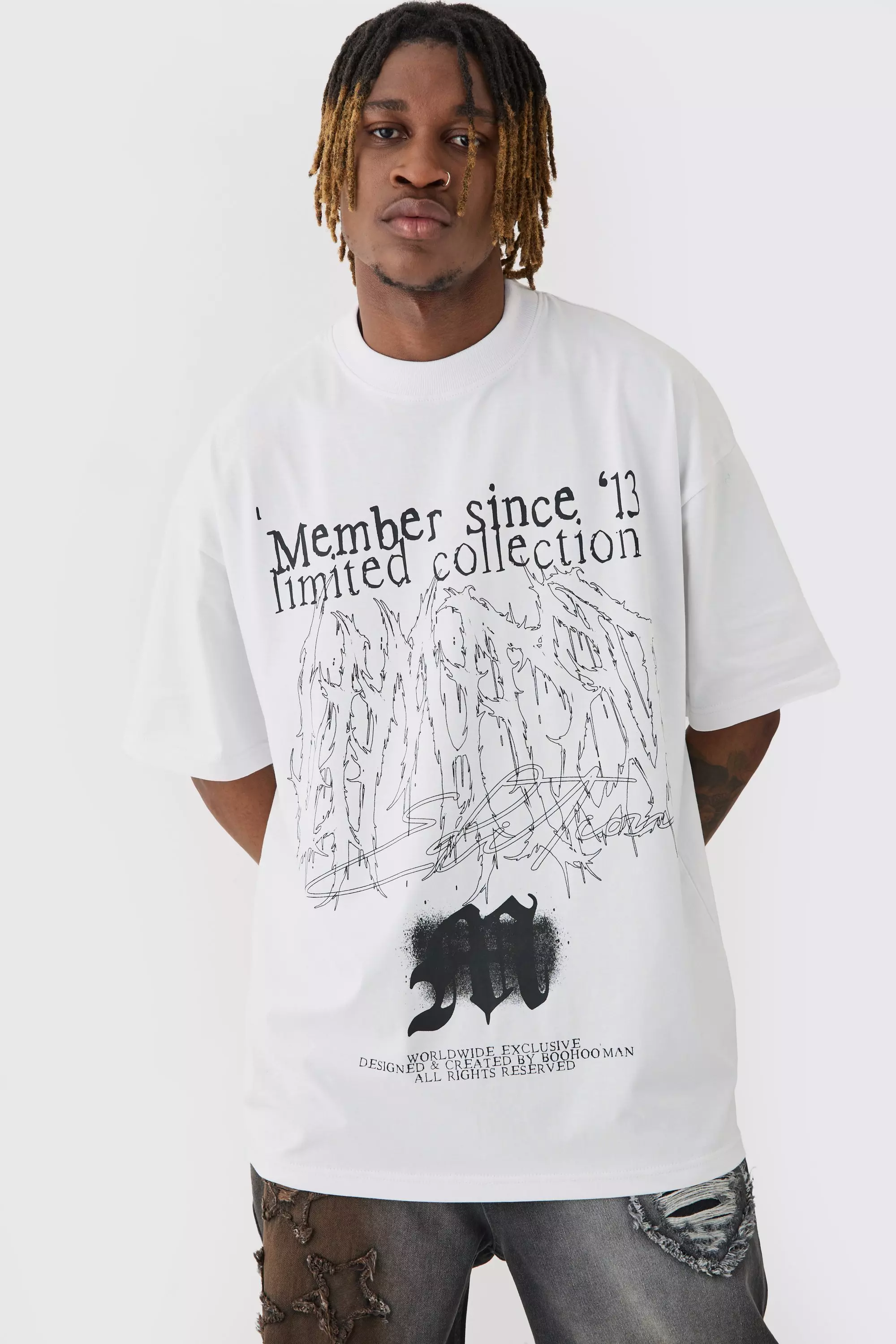 White Tall Oversized Extended Neck Limited Print T-shirt