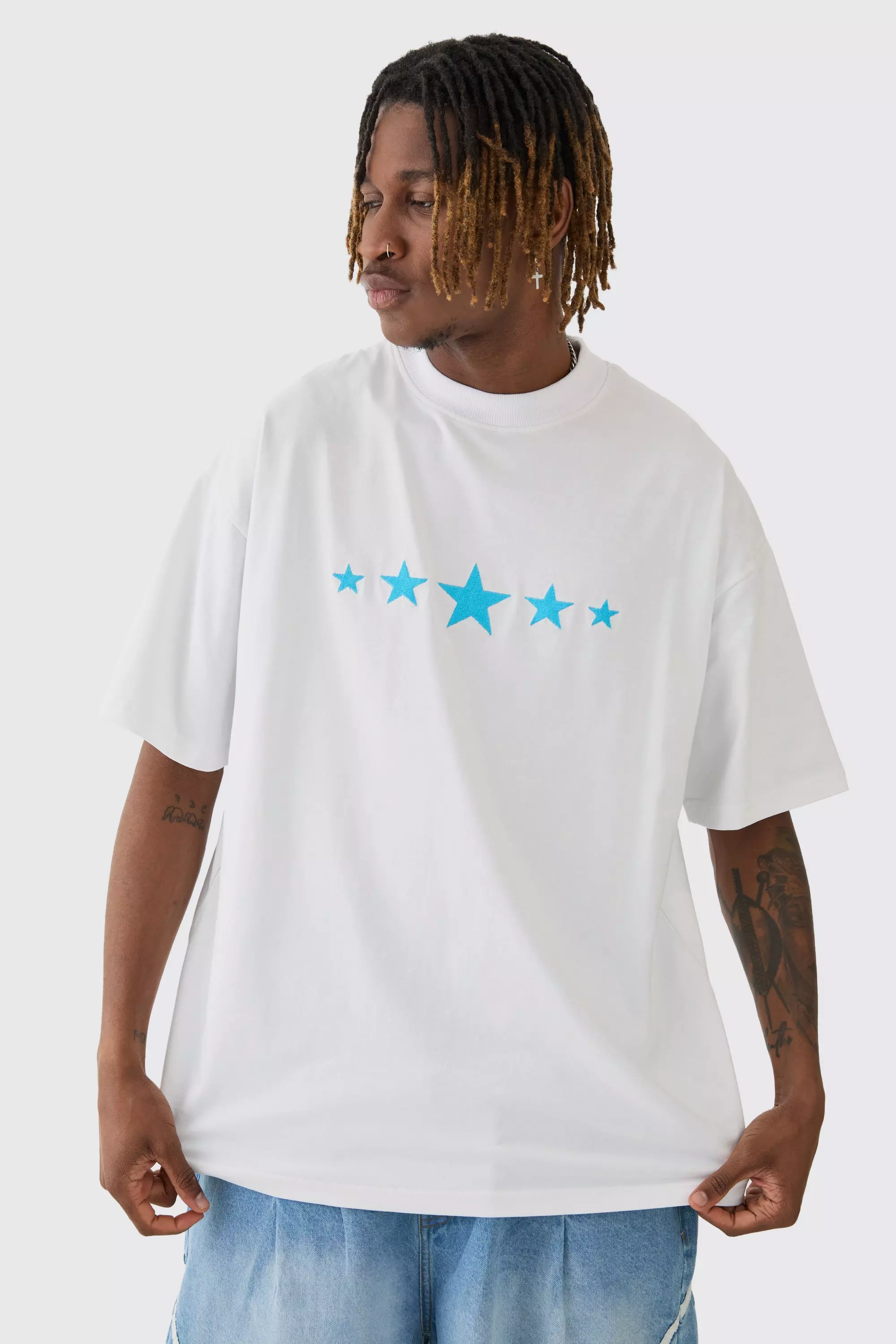 White Tall Oversized Extended Neck Star Print T-shirt