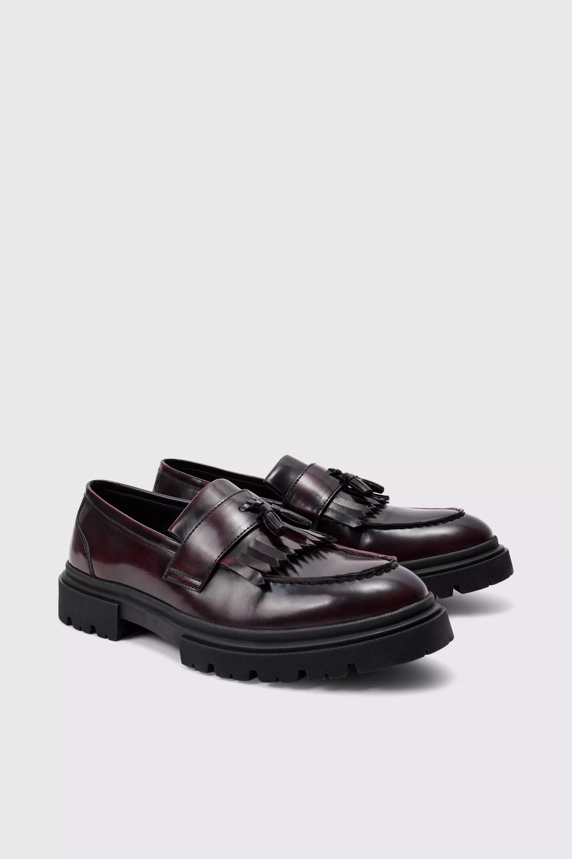 Brushed Pu Fringe Detail Loafer In Burgundy Burgundy