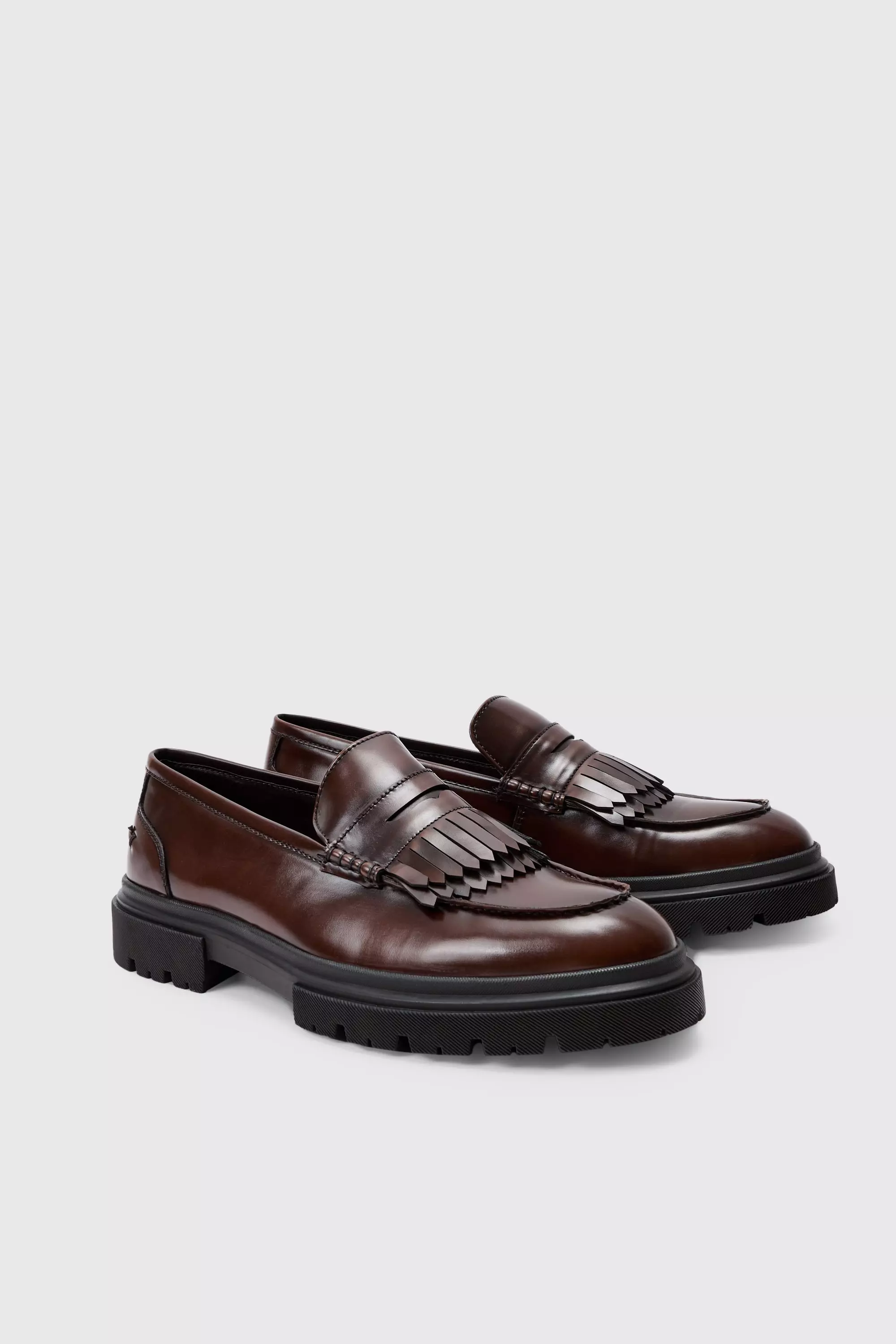 Brushed Pu Fringe Detail Loafer In Brown Brown