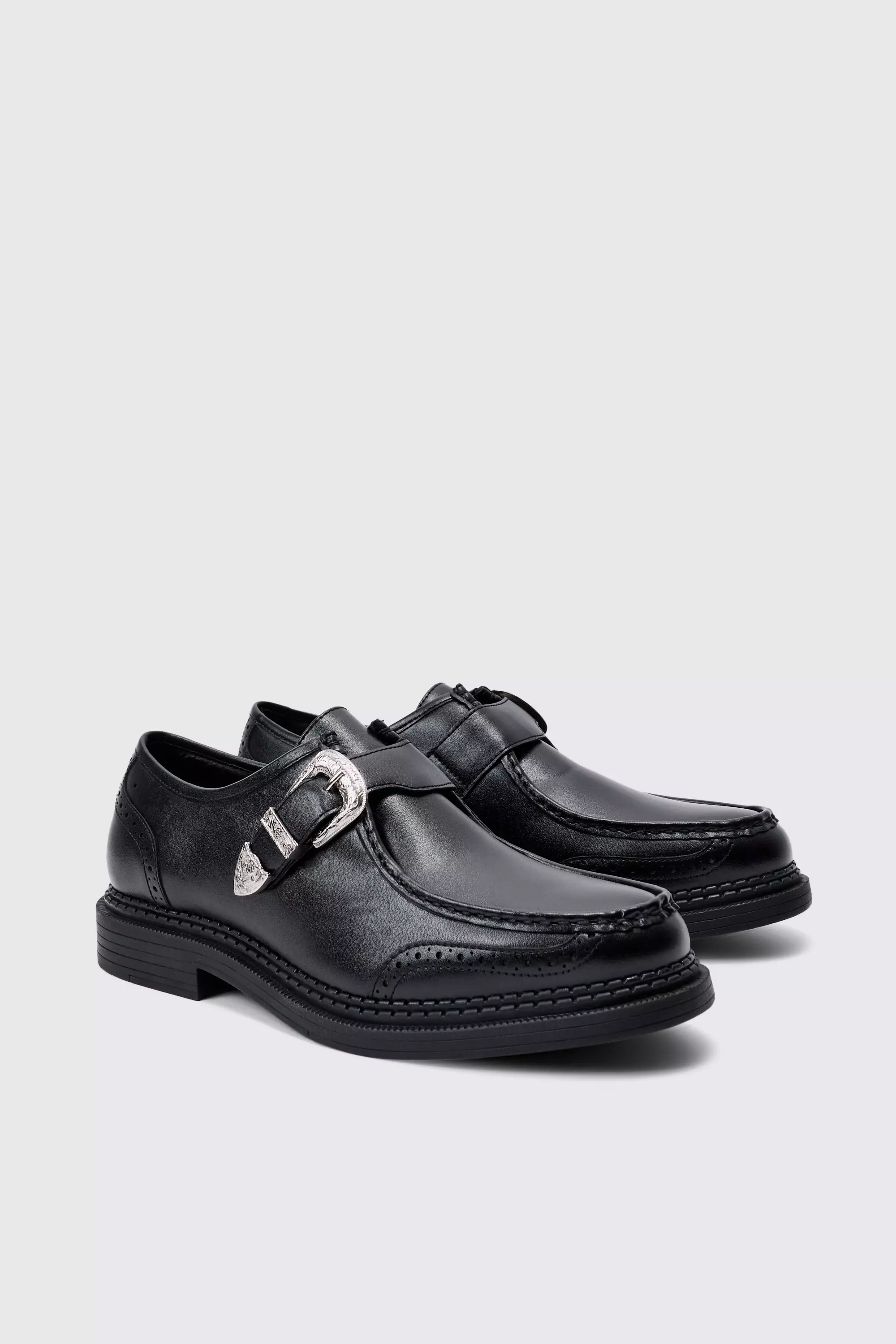 Faux Leather Derby Shoes With Western Buckle In Black Black