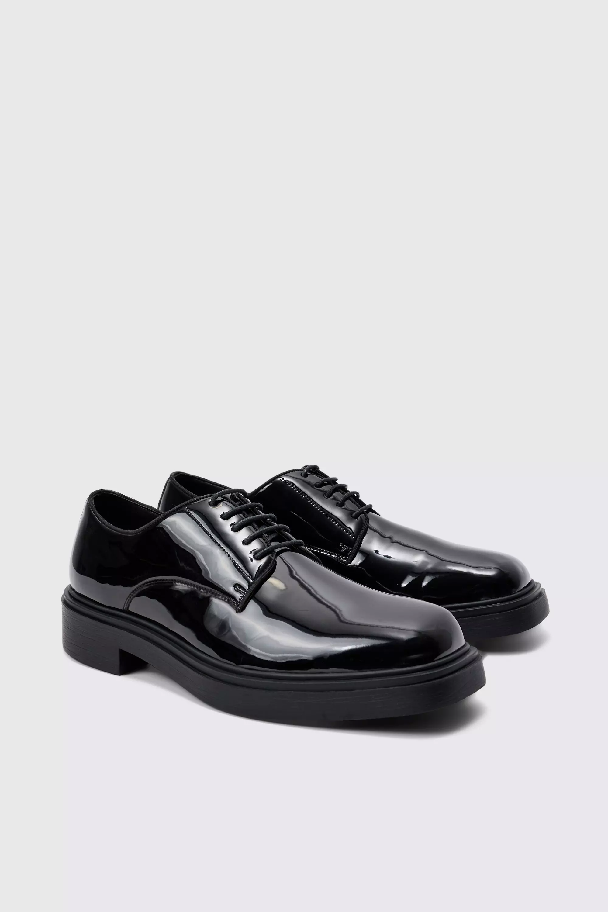 Faux Leather Derby Shoes In Black boohooMAN USA