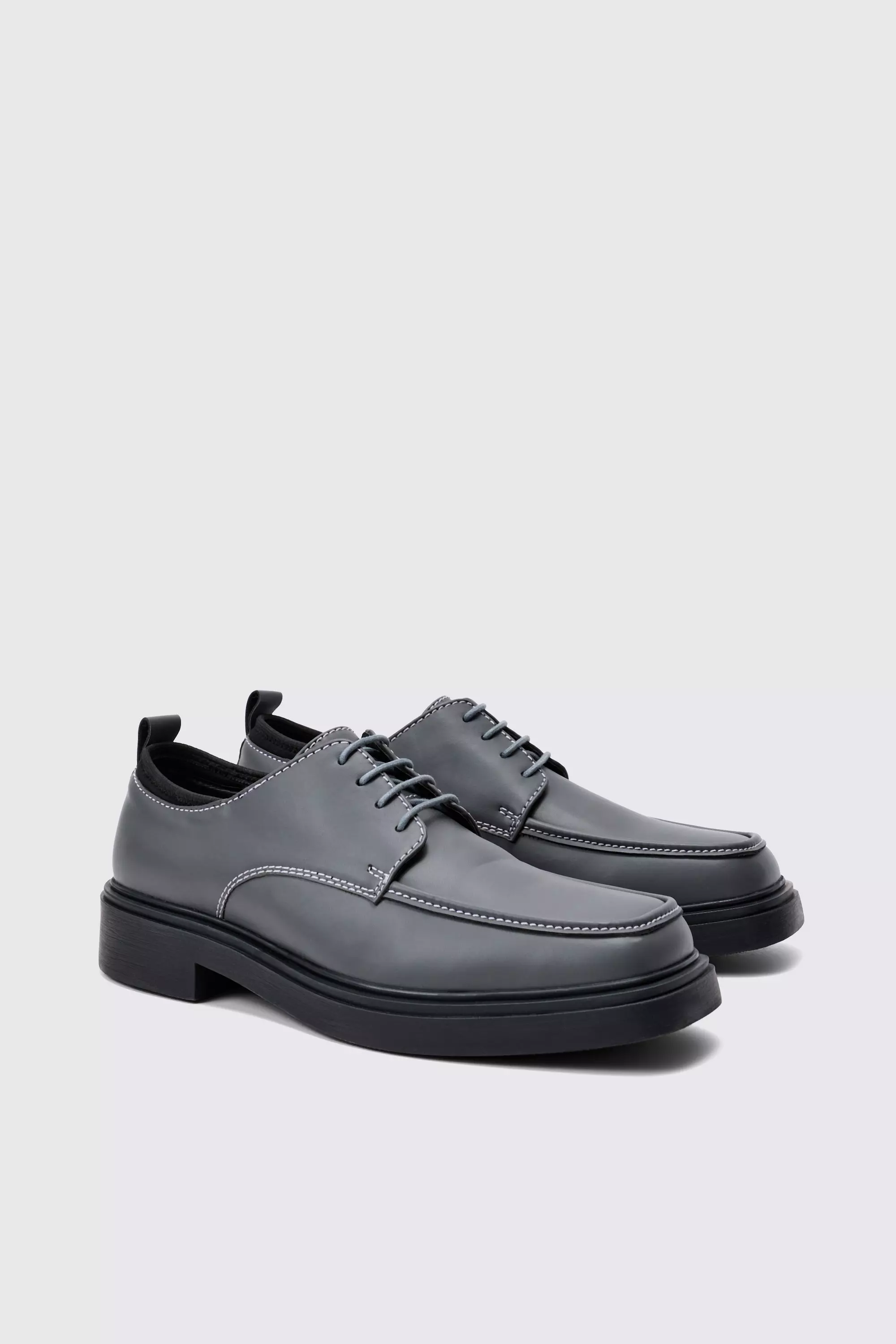 Faux Leather Contras Stitch Derby Shoes In Grey alternative image