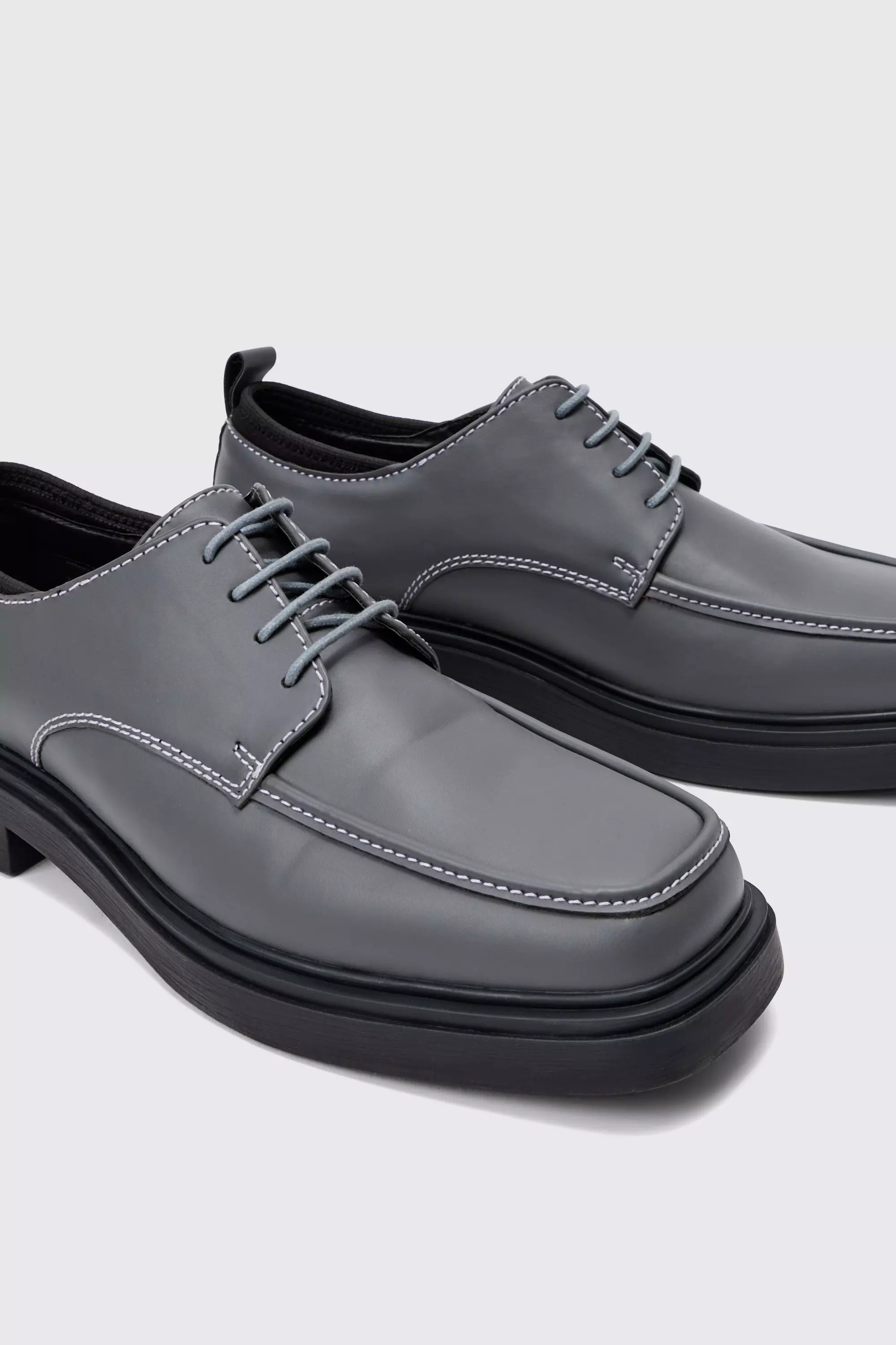 Faux Leather Contras Stitch Derby Shoes In Grey alternative image