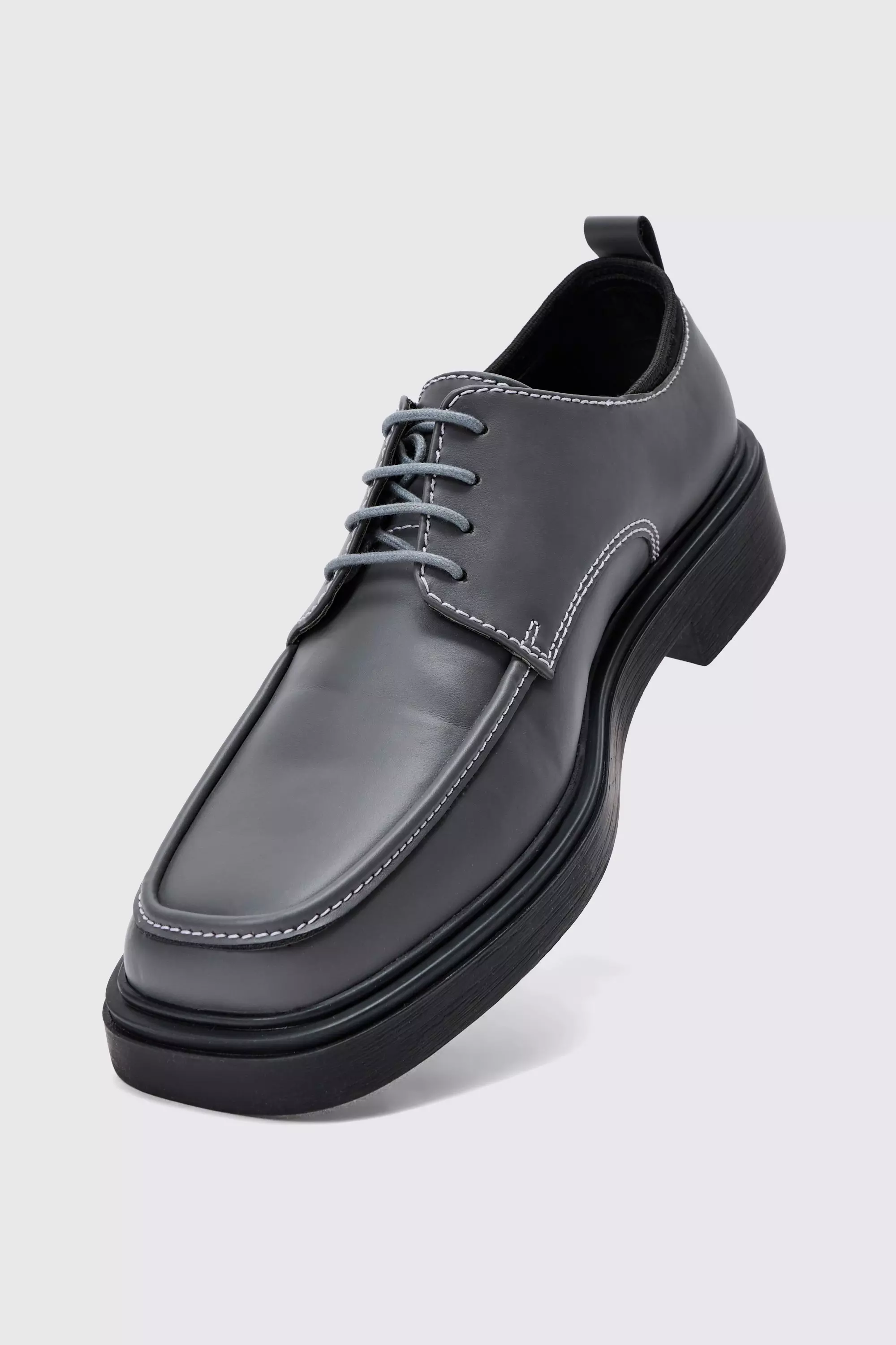Faux Leather Contras Stitch Derby Shoes In Grey alternative image