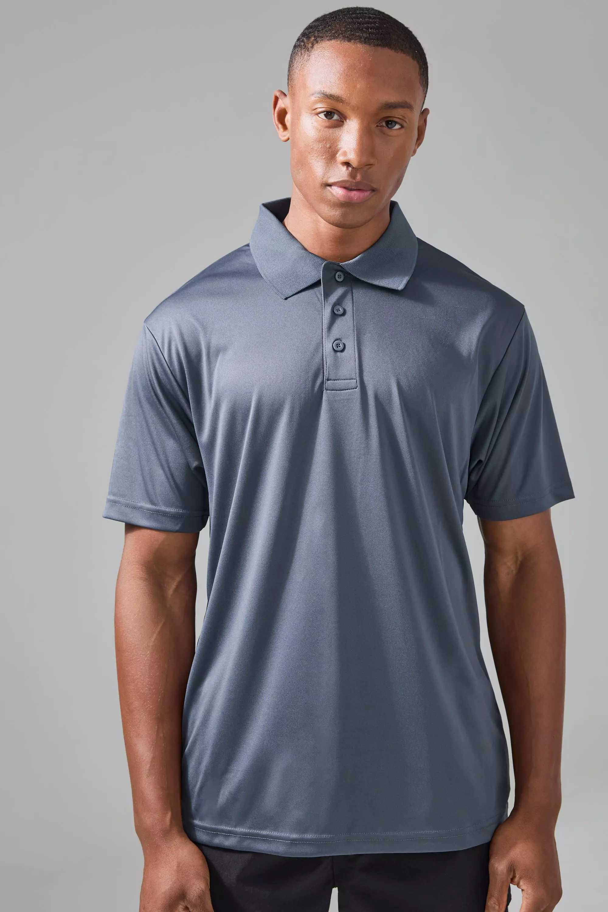 Man Active Button Up Golf Performance Polo Charcoal