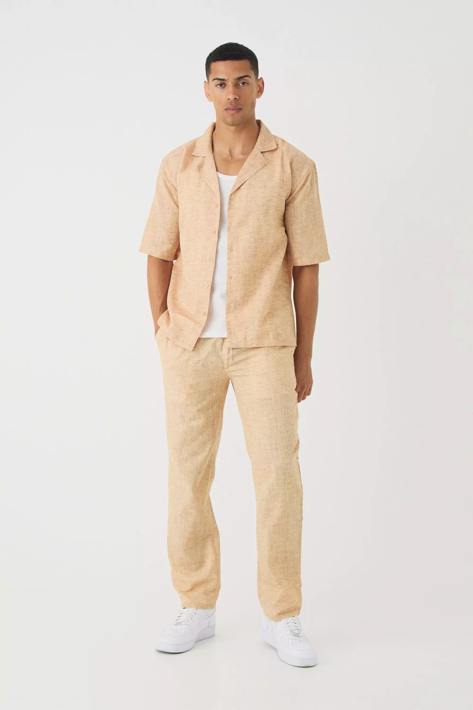 Chocolate Brown Short Sleeve Drop Linen Look Revere Shirt & Straight Pants