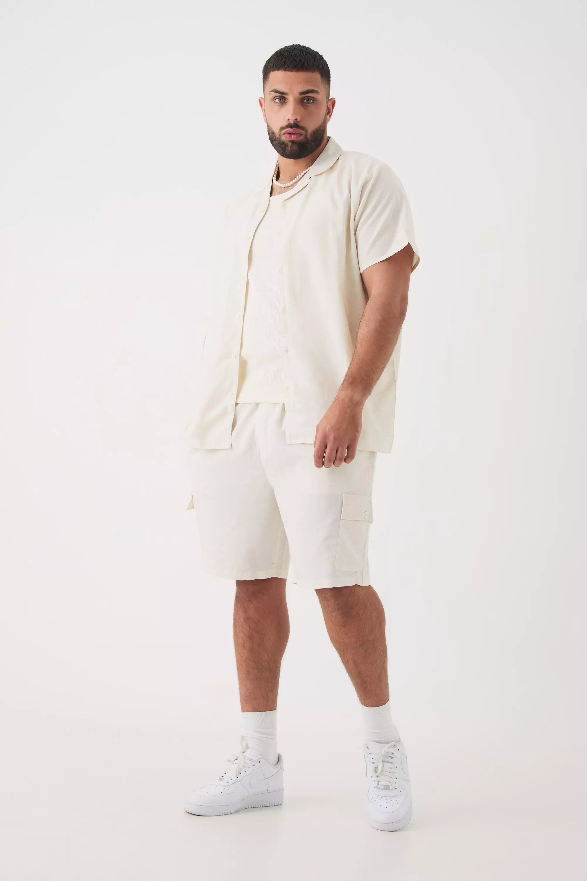 Plus Short Sleeve Linen Cargo Shirt & Short Set In Natural Natural