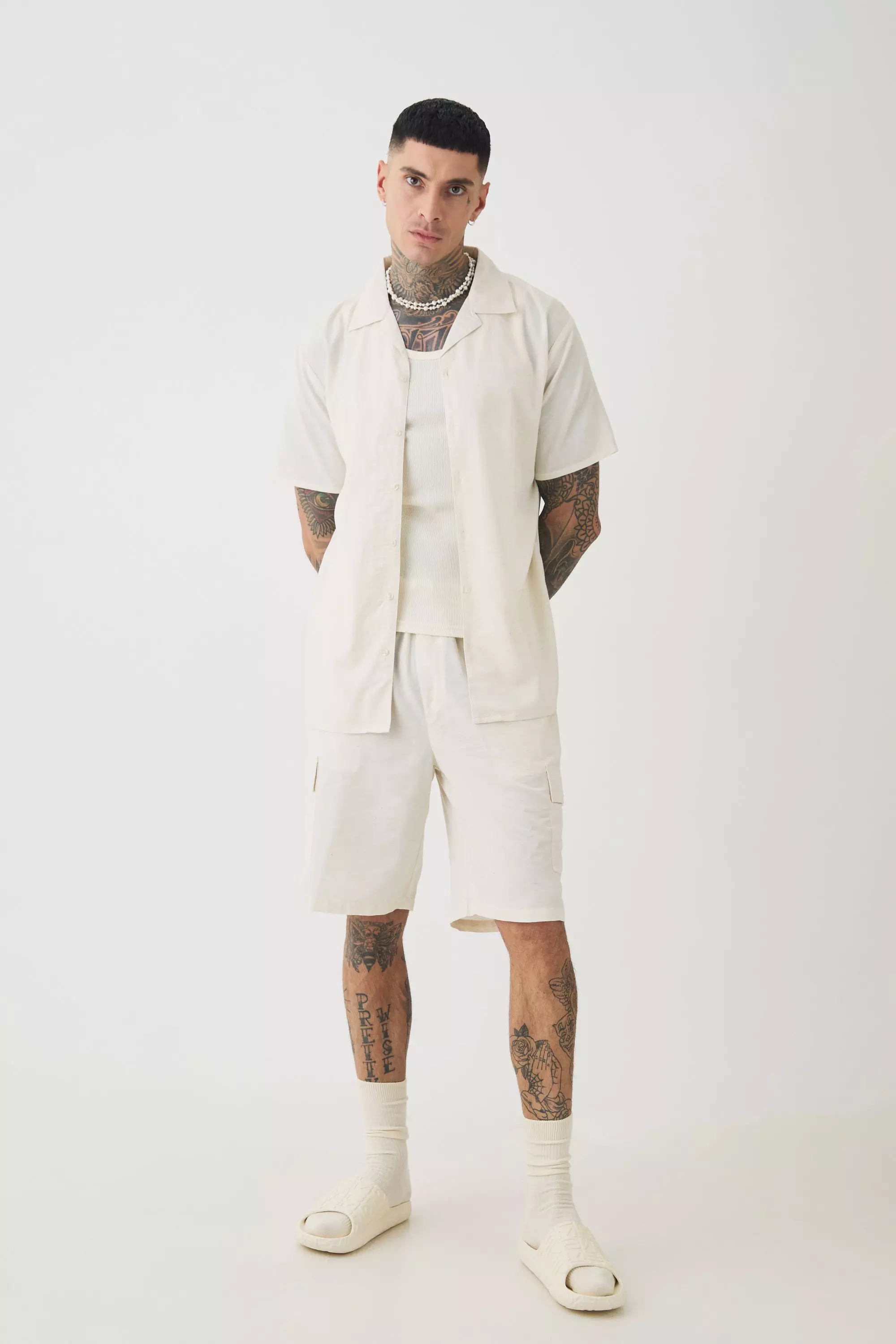 Tall Short Sleeve Linen Cargo Shirt & Short Set In Natural Natural