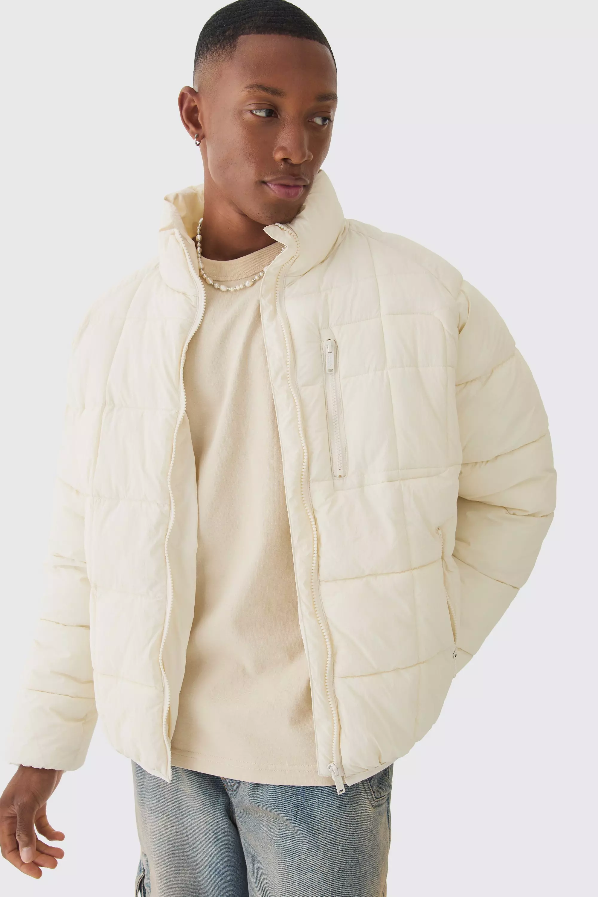 Quilted Funnel Neck Puffer Coat In Ecru Ecru