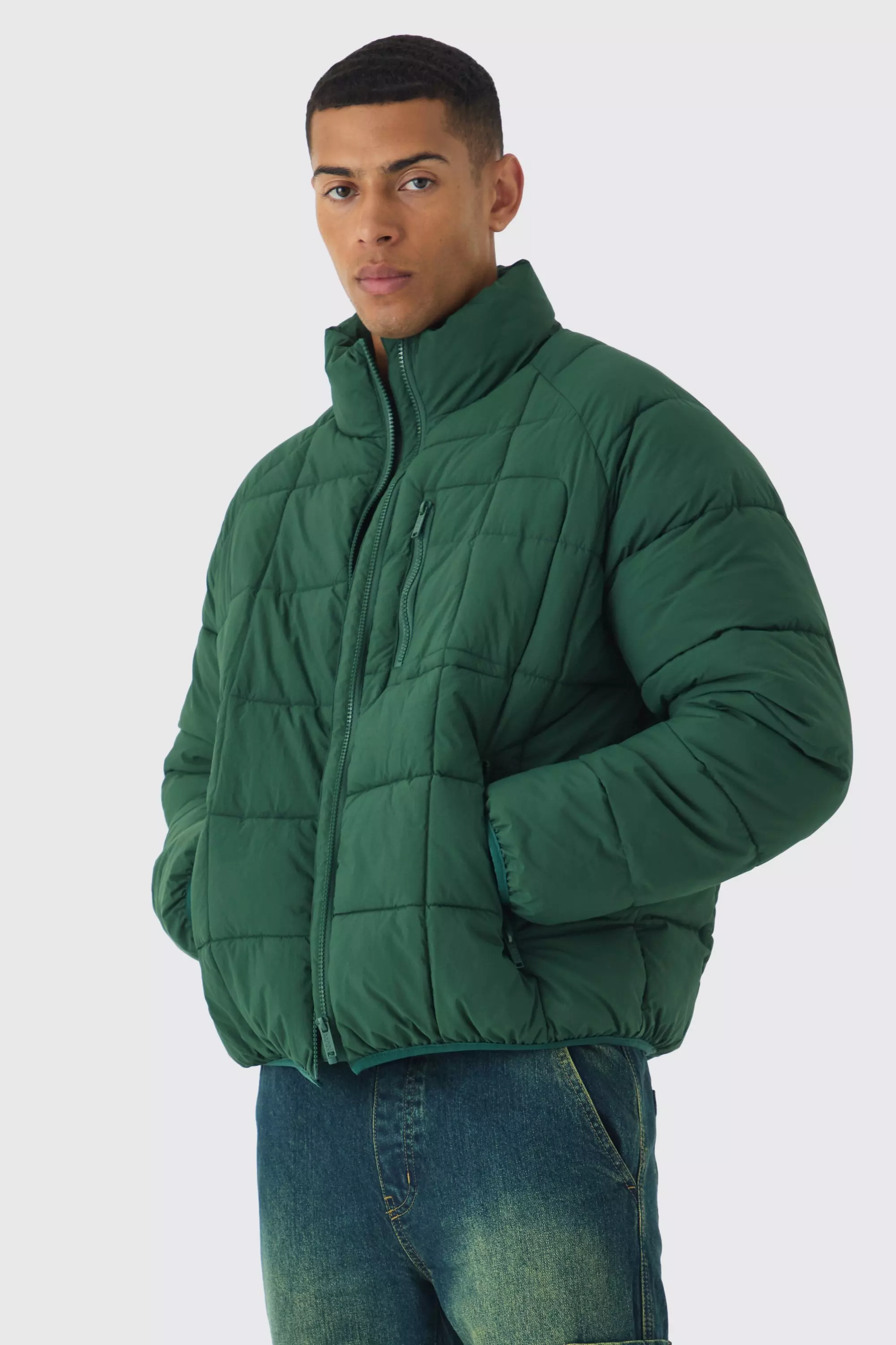 Quilted Funnel Neck Puffer Coat In Green Green