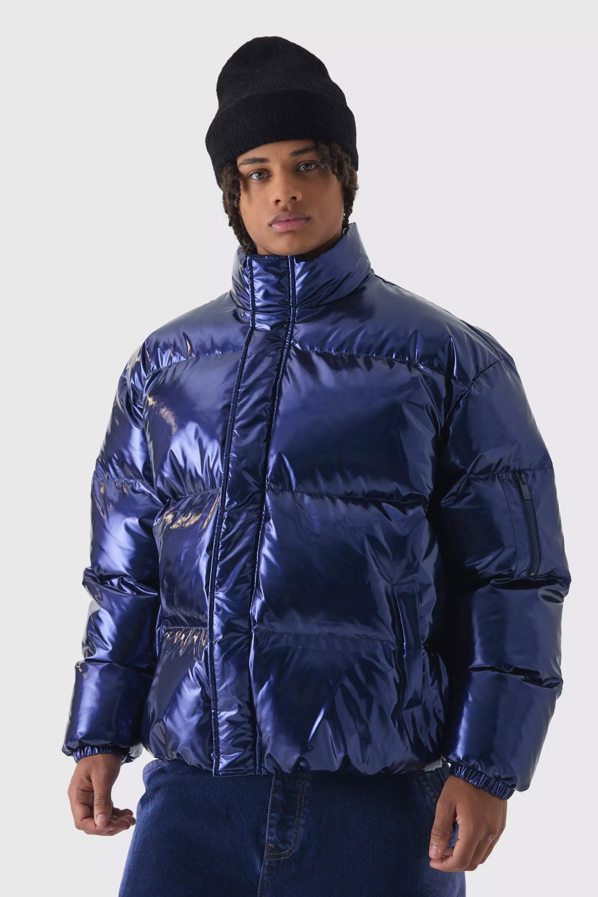 BoohooMAN Men s Oversized Boxy Vinyl Boxy Puffer Jacket Blue Casual Jackets