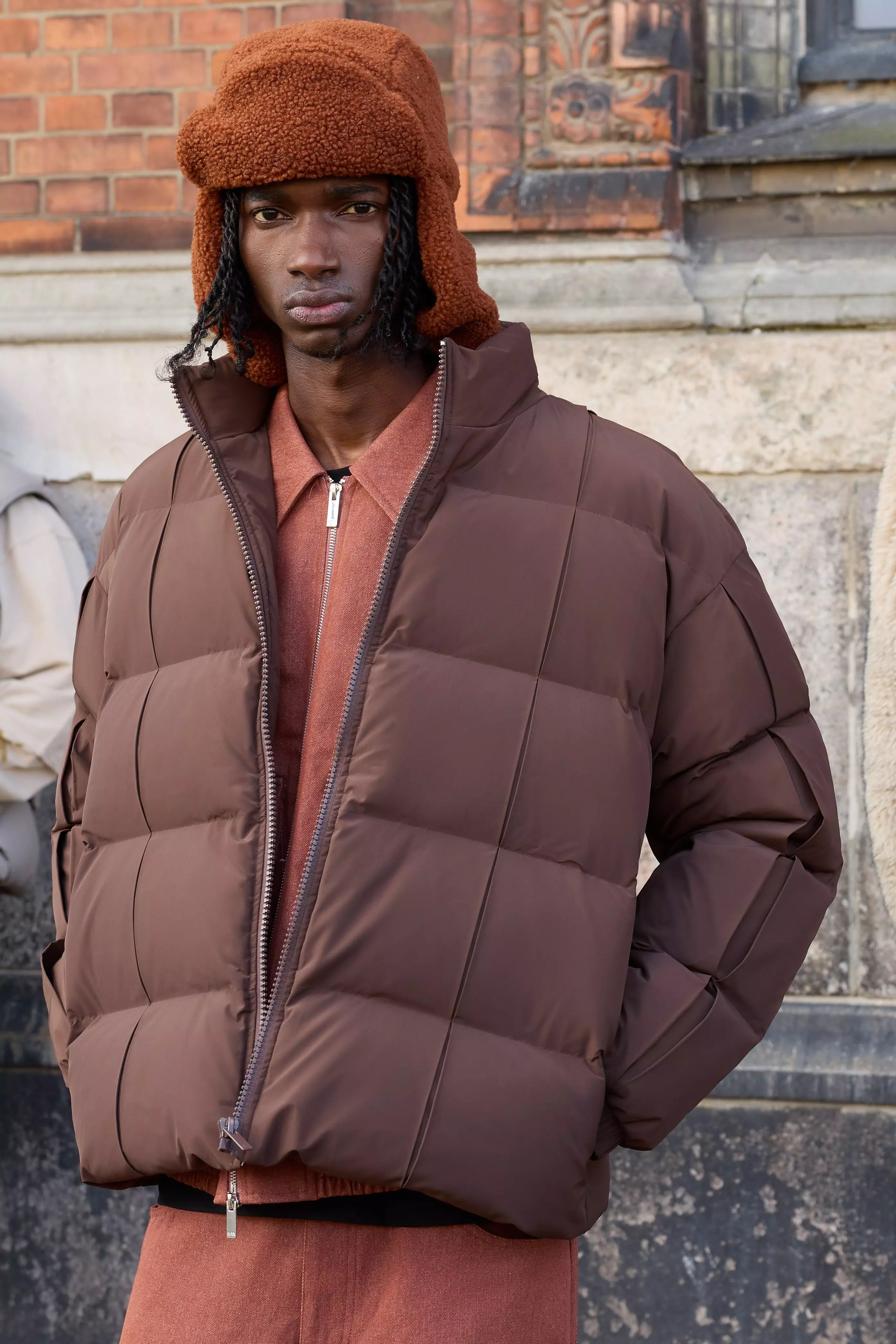 Pleat Detail Funnel Neck Puffer Jacket In Chocolate Chocolate