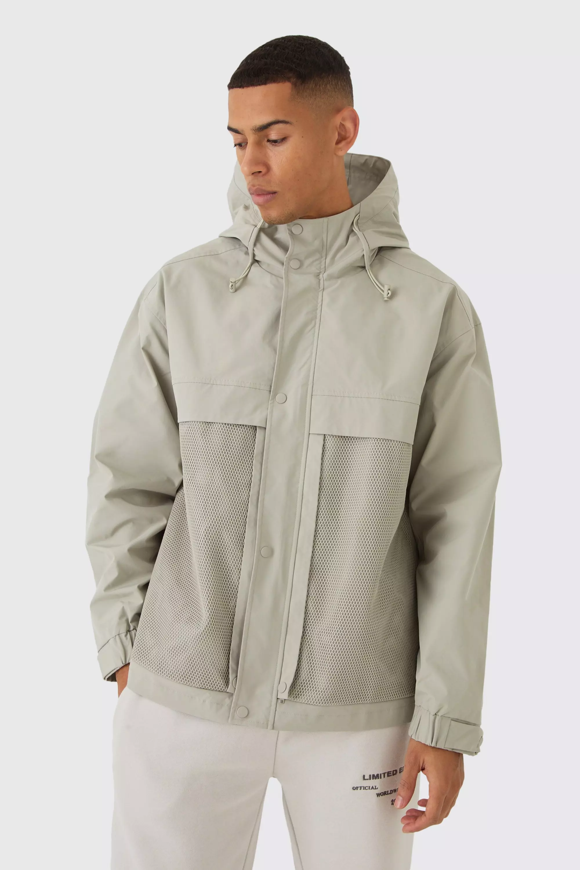 Hooded Mesh Panel Tech Parka In Stone Stone