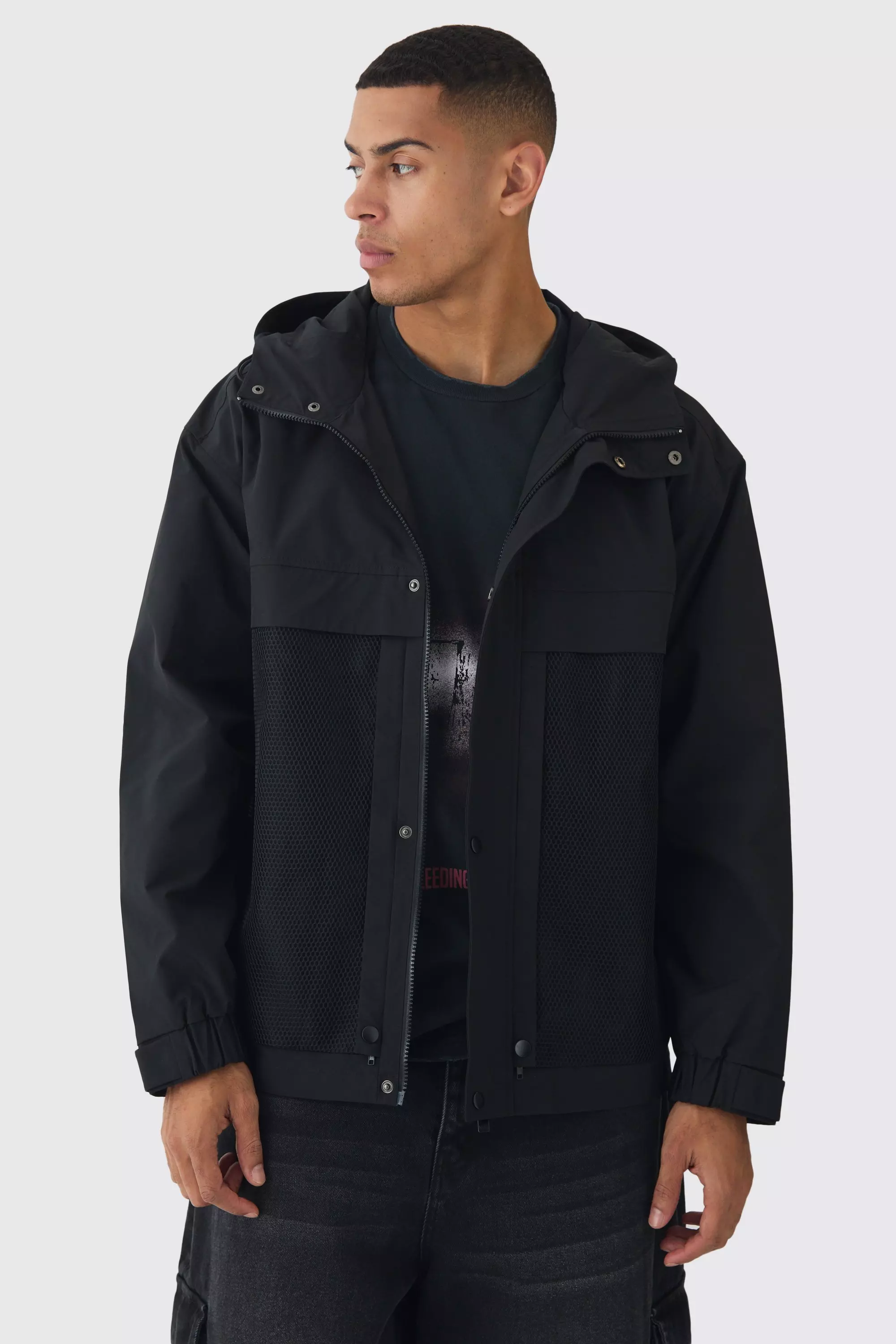 Hooded Mesh Panel Tech Parka In Black alternative image