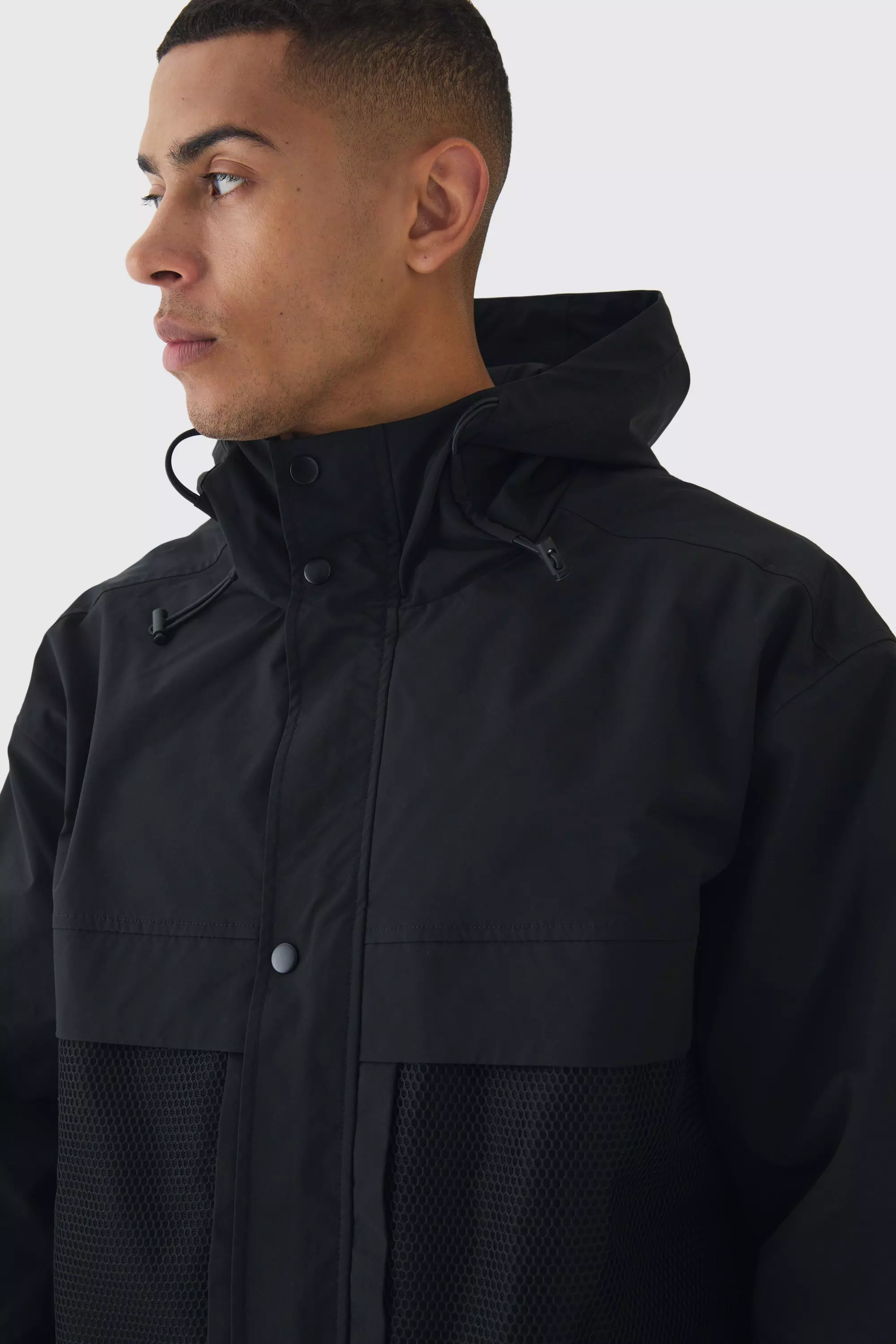 Hooded Mesh Panel Tech Parka In Black alternative image