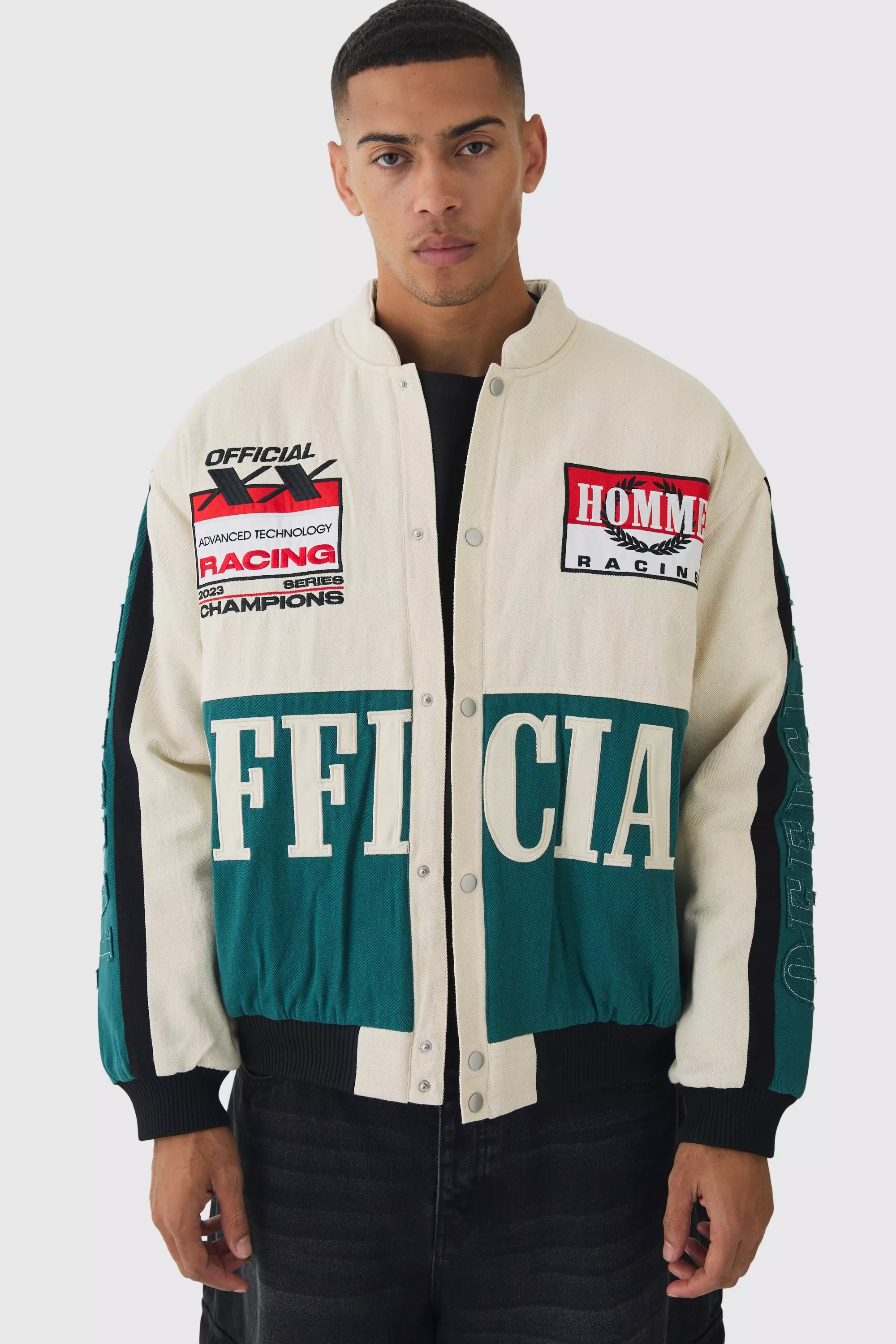 Oversized Official Twill Padded Moto Jacket In Ecru Ecru