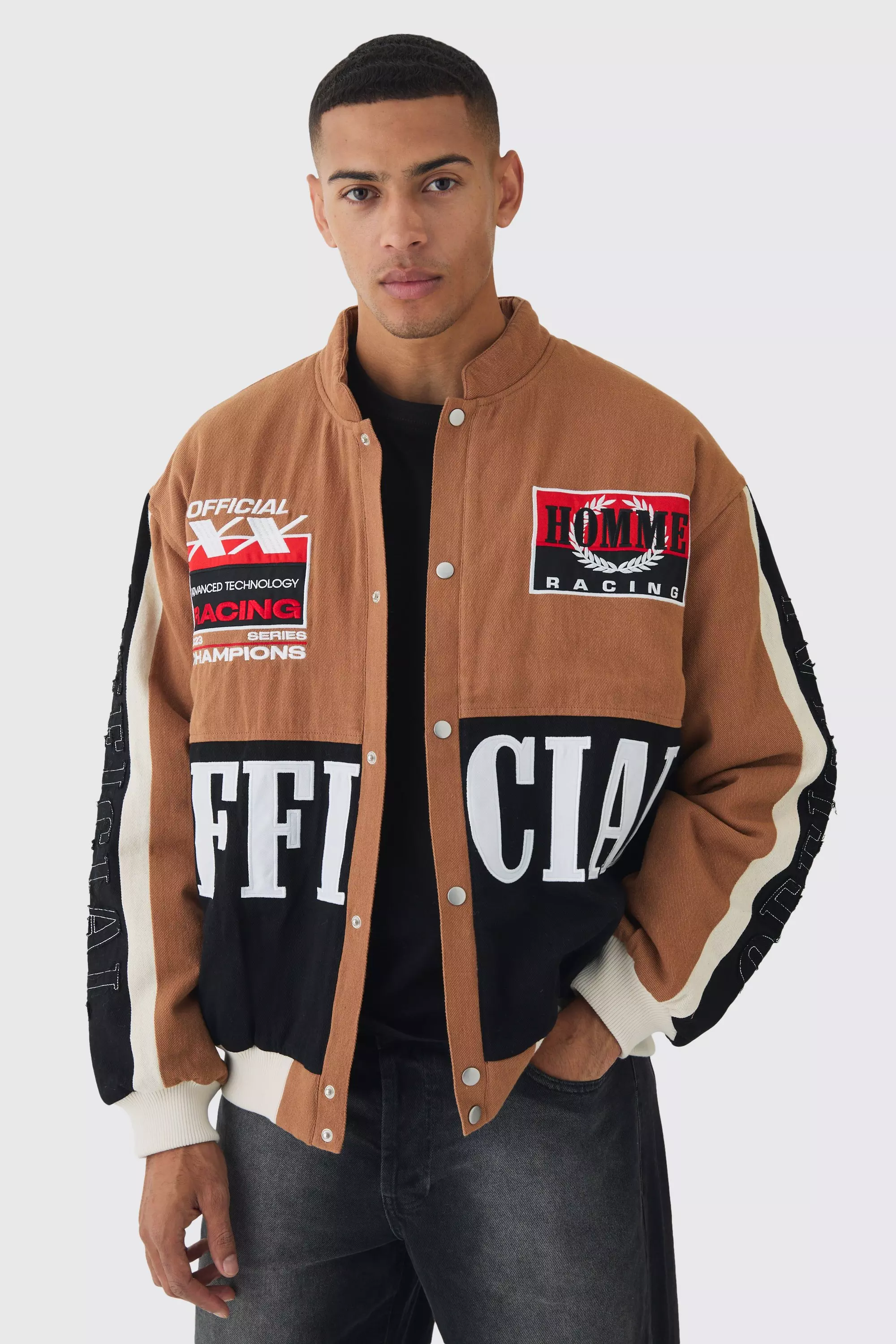 Oversized Official Twill Padded Moto Jacket In Brown boohooMAN UK