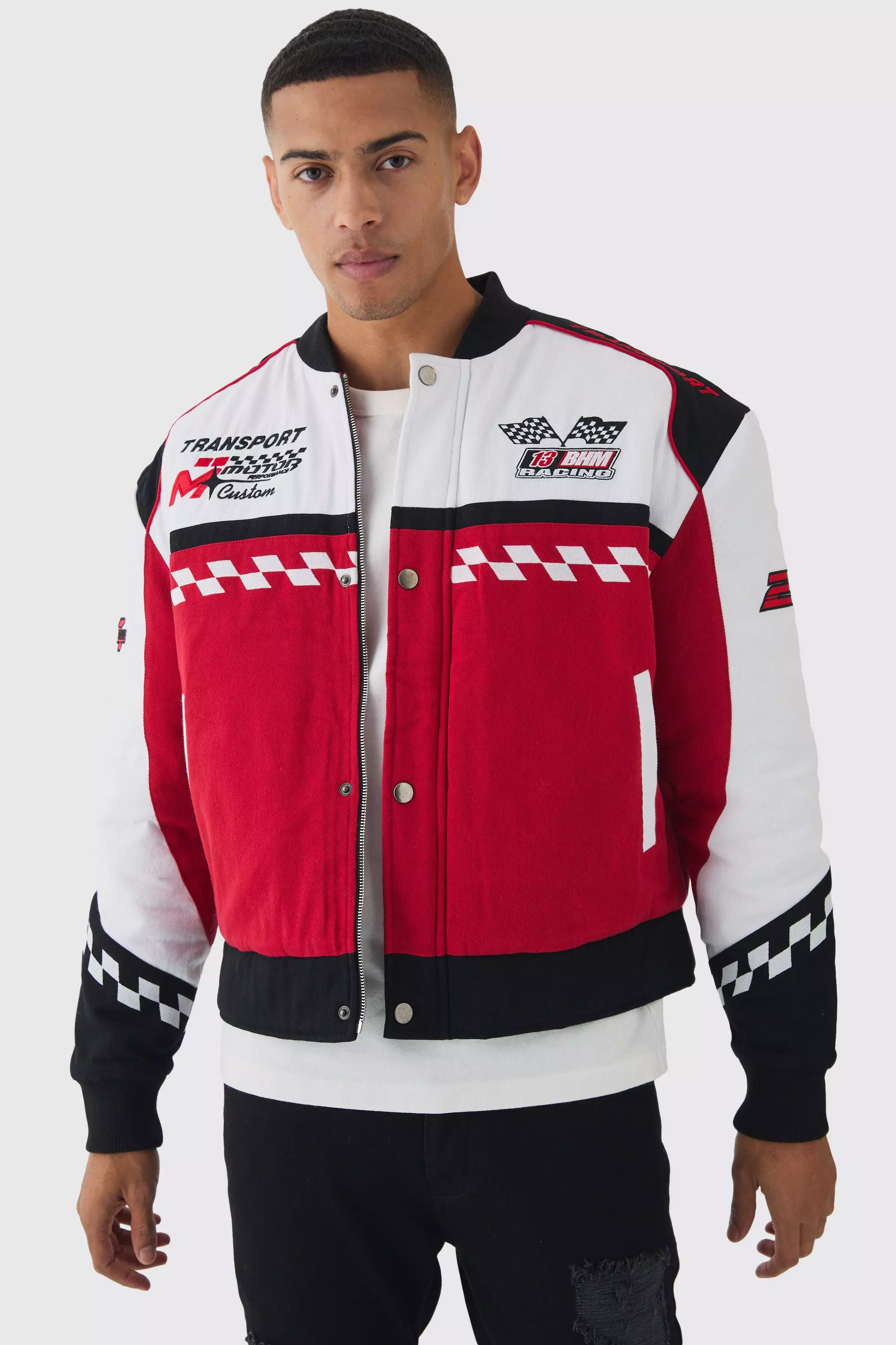 Red Oversized Boxy Official Twill Padded Moto Jacket In Red