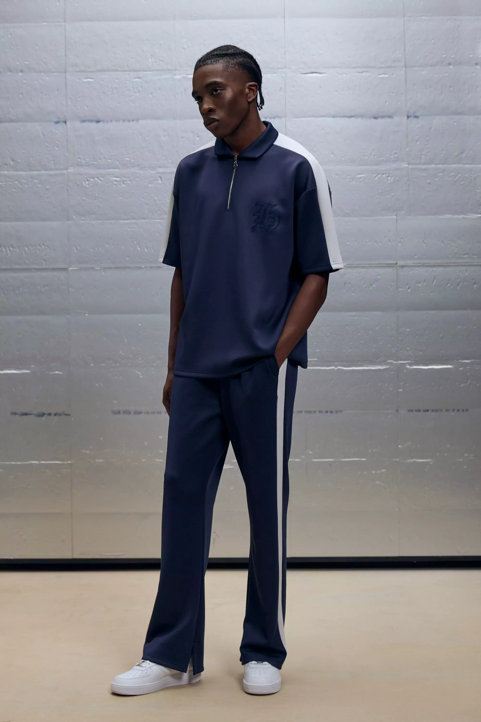 Oversized Scuba Colour Block Panel Polo & Jogger Set Navy