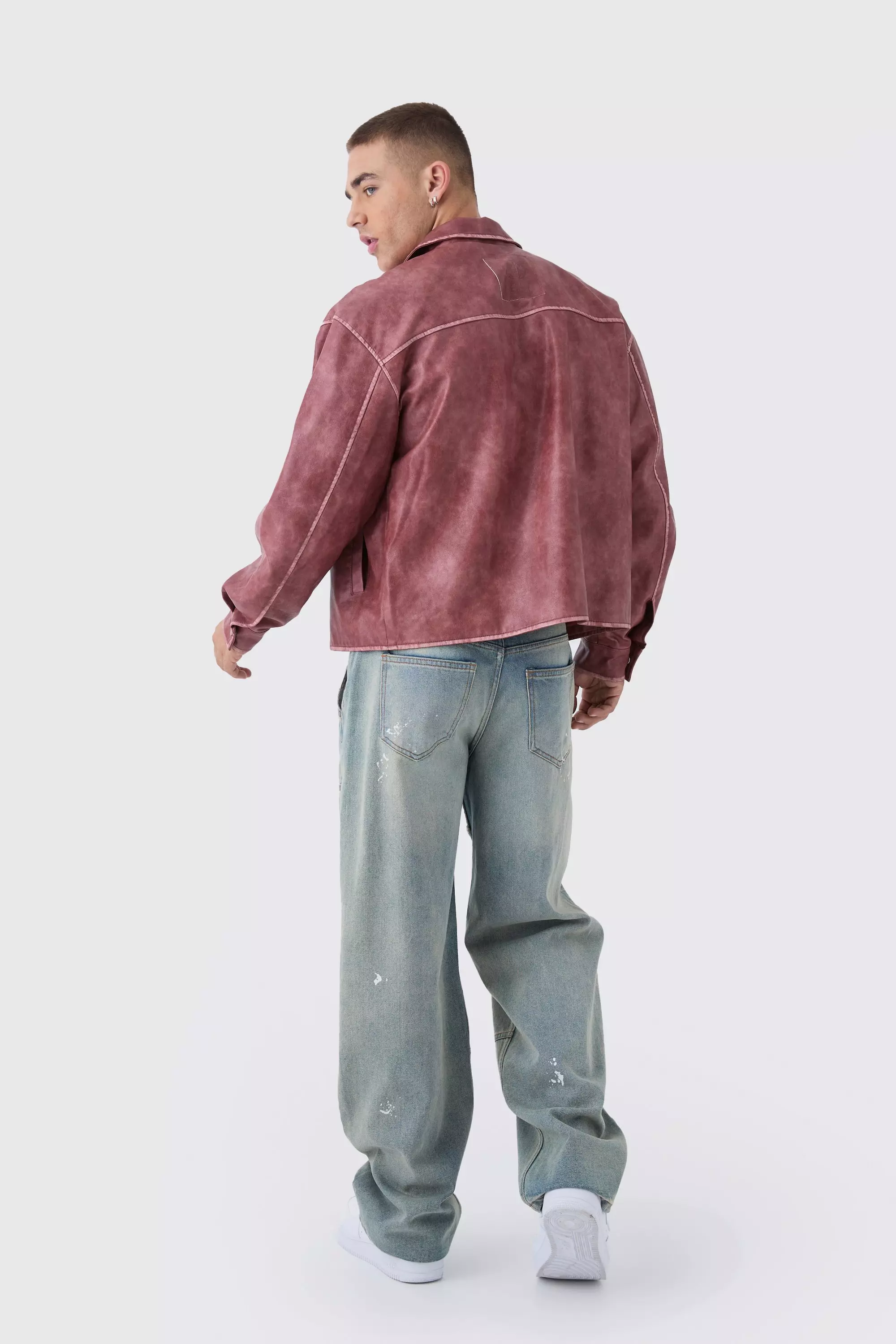 Man Tab Boxy Washed Pu Harrington Jacket In Rust | boohooMAN USA