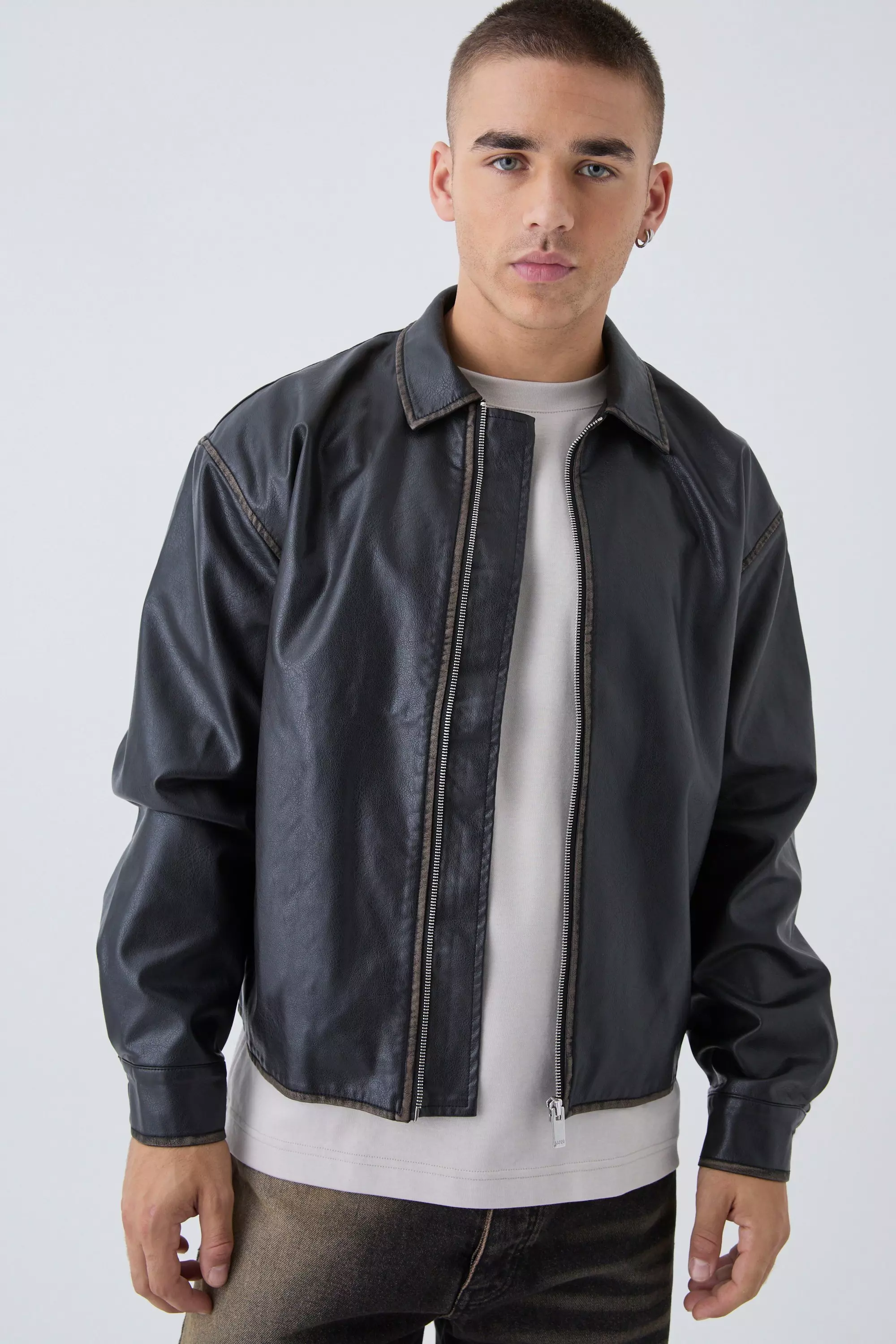 Man Tab Boxy Washed Pu Harrington Jacket In Black alternative image