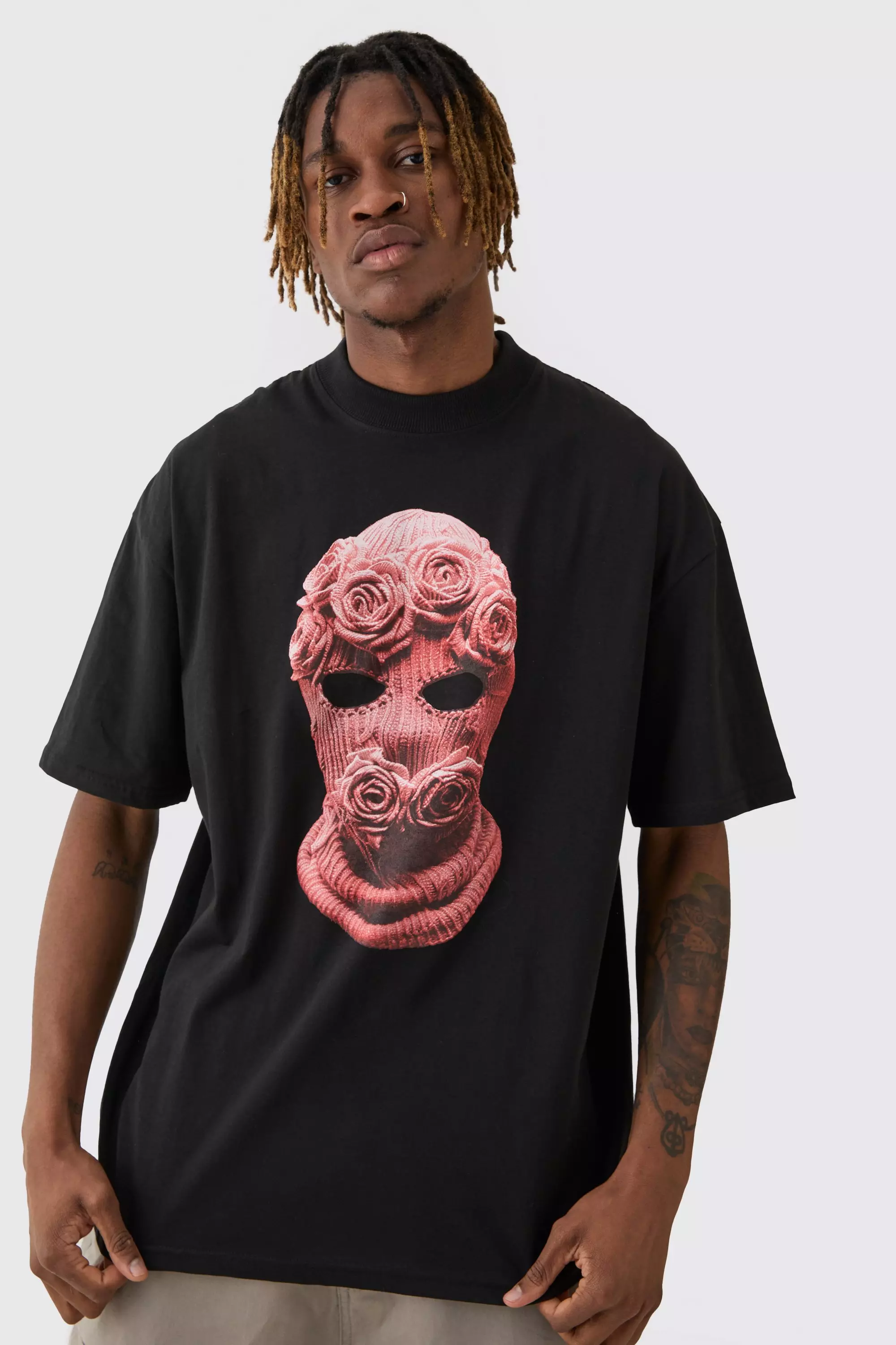 Black Tall Oversized Balaclava Floral Print T-shirt alternative image