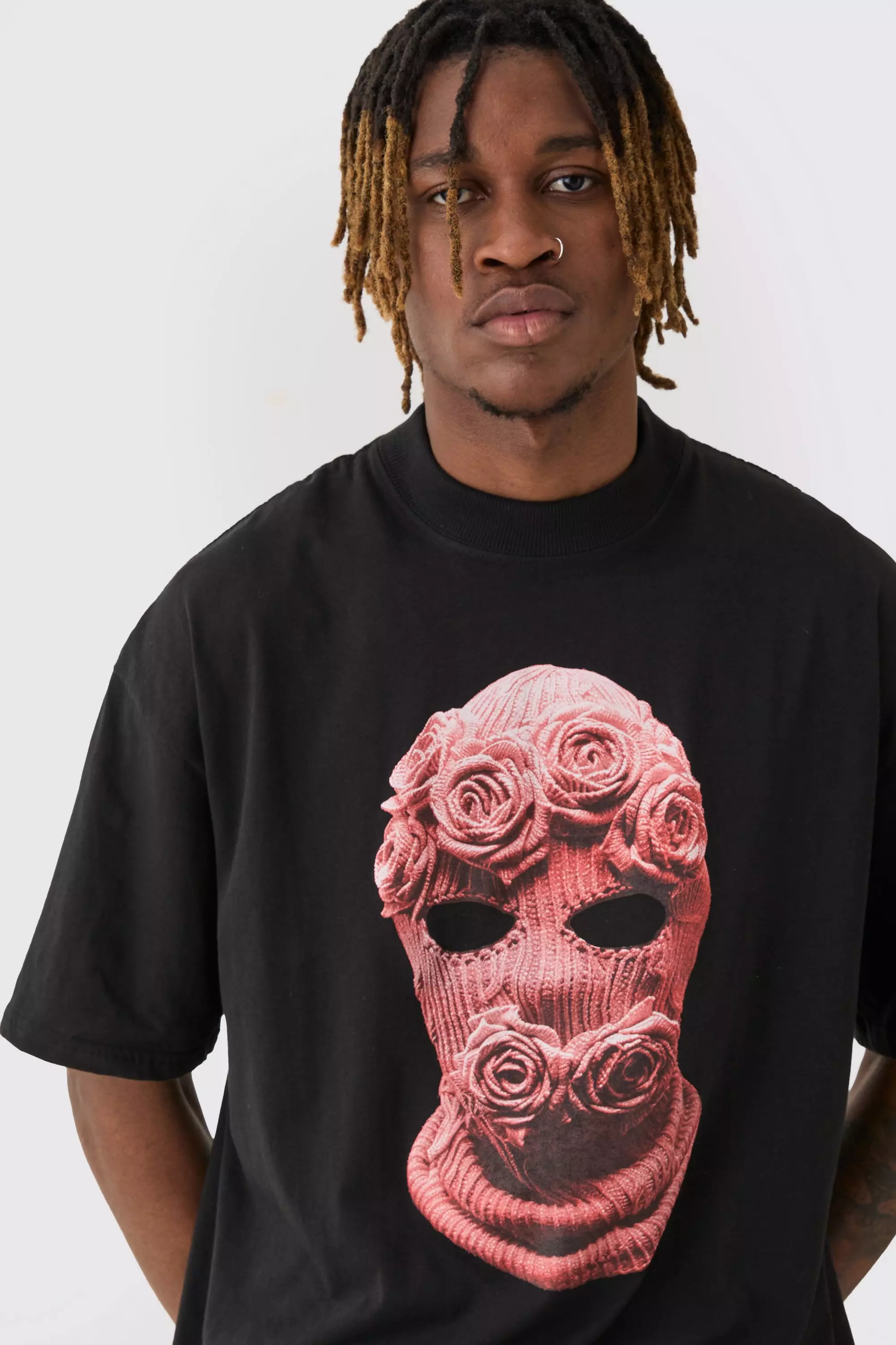 Black Tall Oversized Balaclava Floral Print T-shirt alternative image