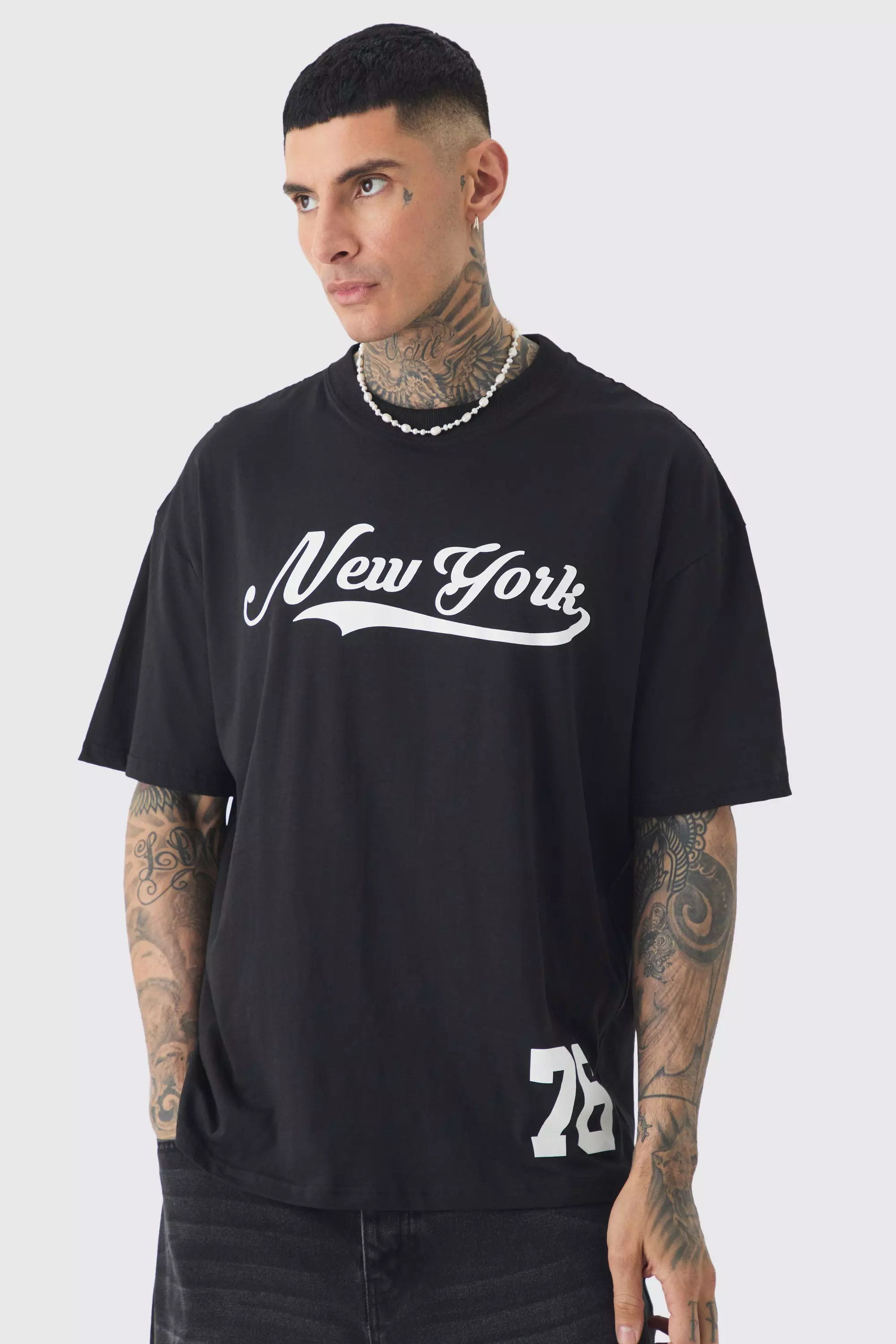 Tall Oversized New York Varsity Print T-shirt Black